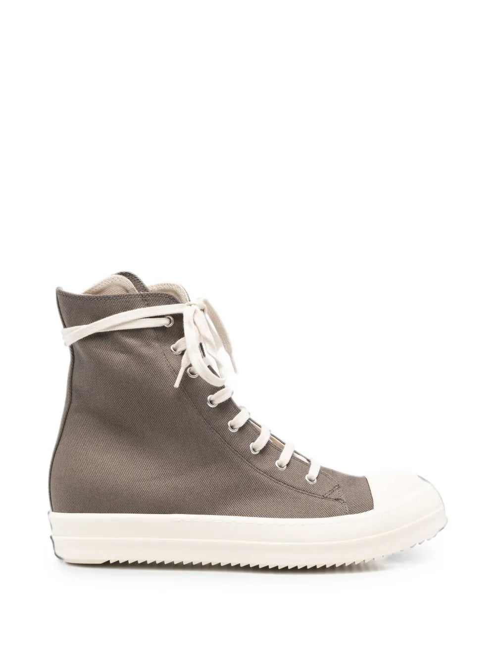 Rick Owens Denim Sneaker high-top in Dust Milk colourway, side view, grey canvas upper, white laces, zip detail, rubber sole, Made in Italy