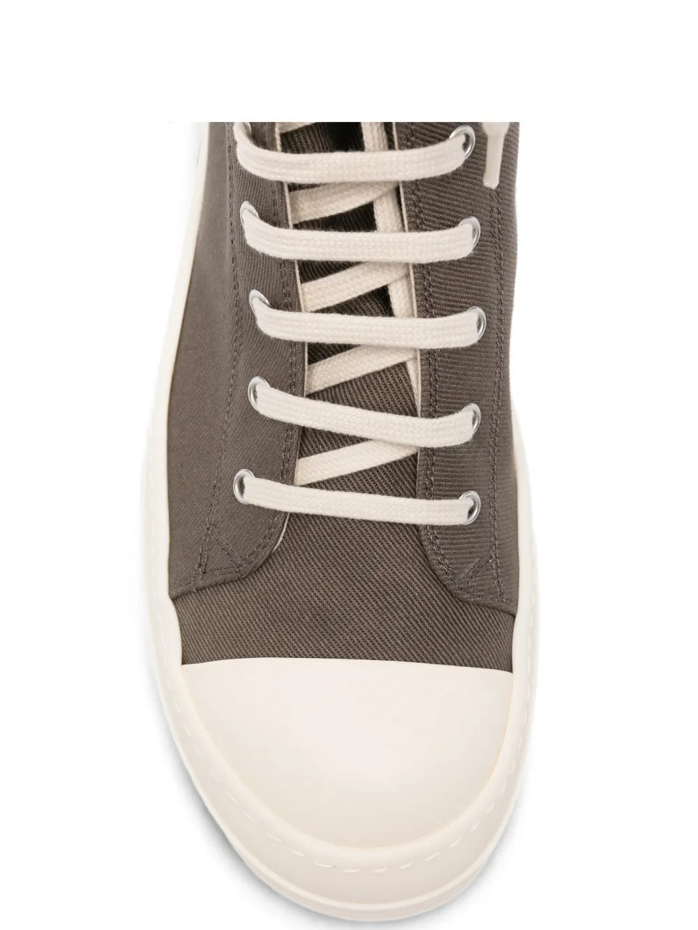 Rick Owens Denim Sneaker top-down view, cream laces, textured grey denim toe box, luxury Italian craftsmanship, Du01F4800