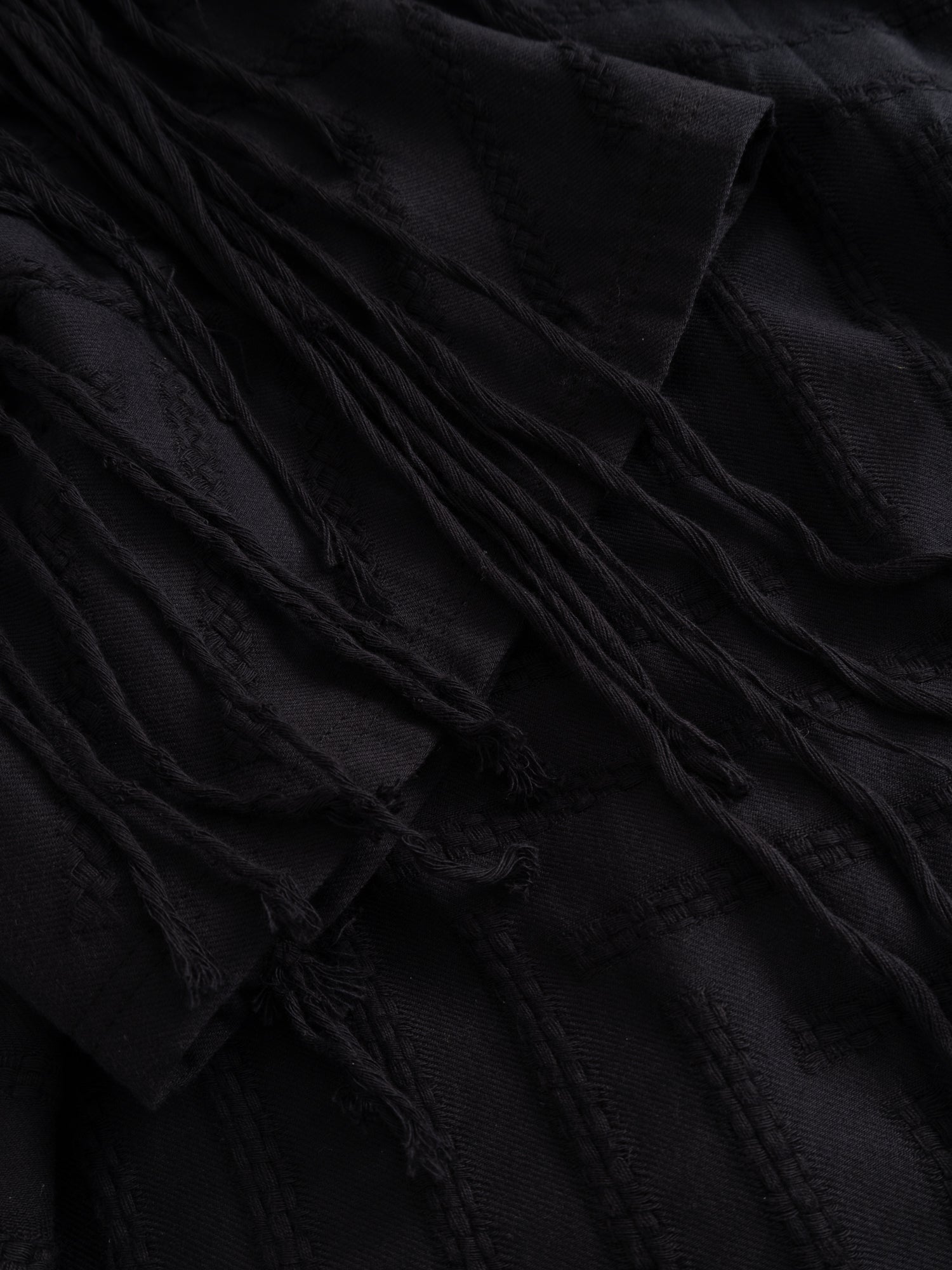 Stem Basket Tee in black, close-up of hand-pulled drawn-thread texture and fringe detail on woven cotton fabric