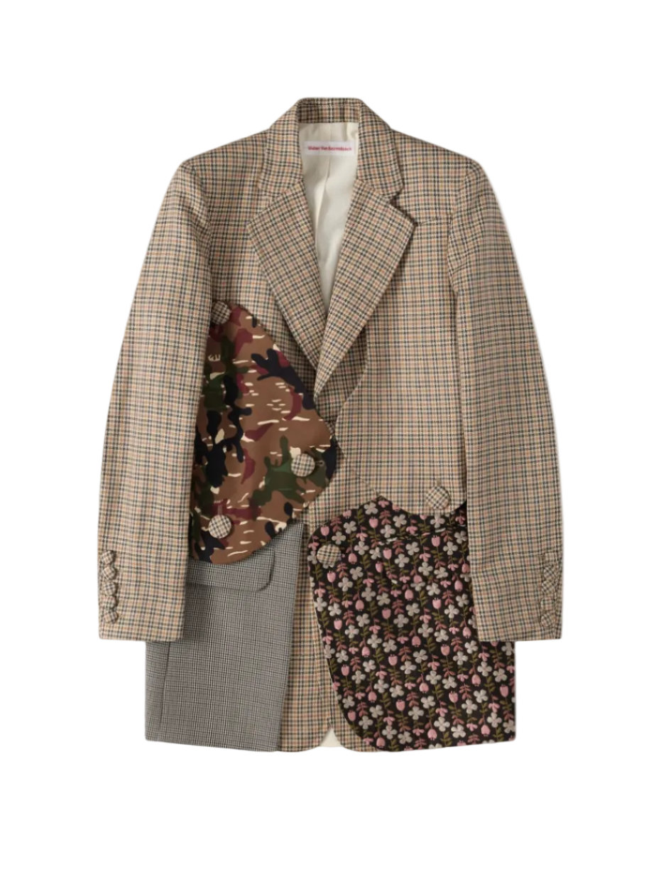 Walter Van Beirendonck Plaid blazer with floral and camouflage patterns on a white background