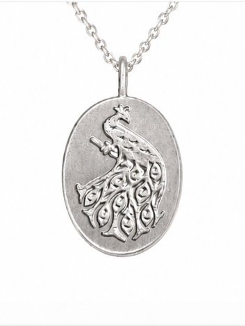Close-up of the engraved peacock pendant by Edith Hegedüs