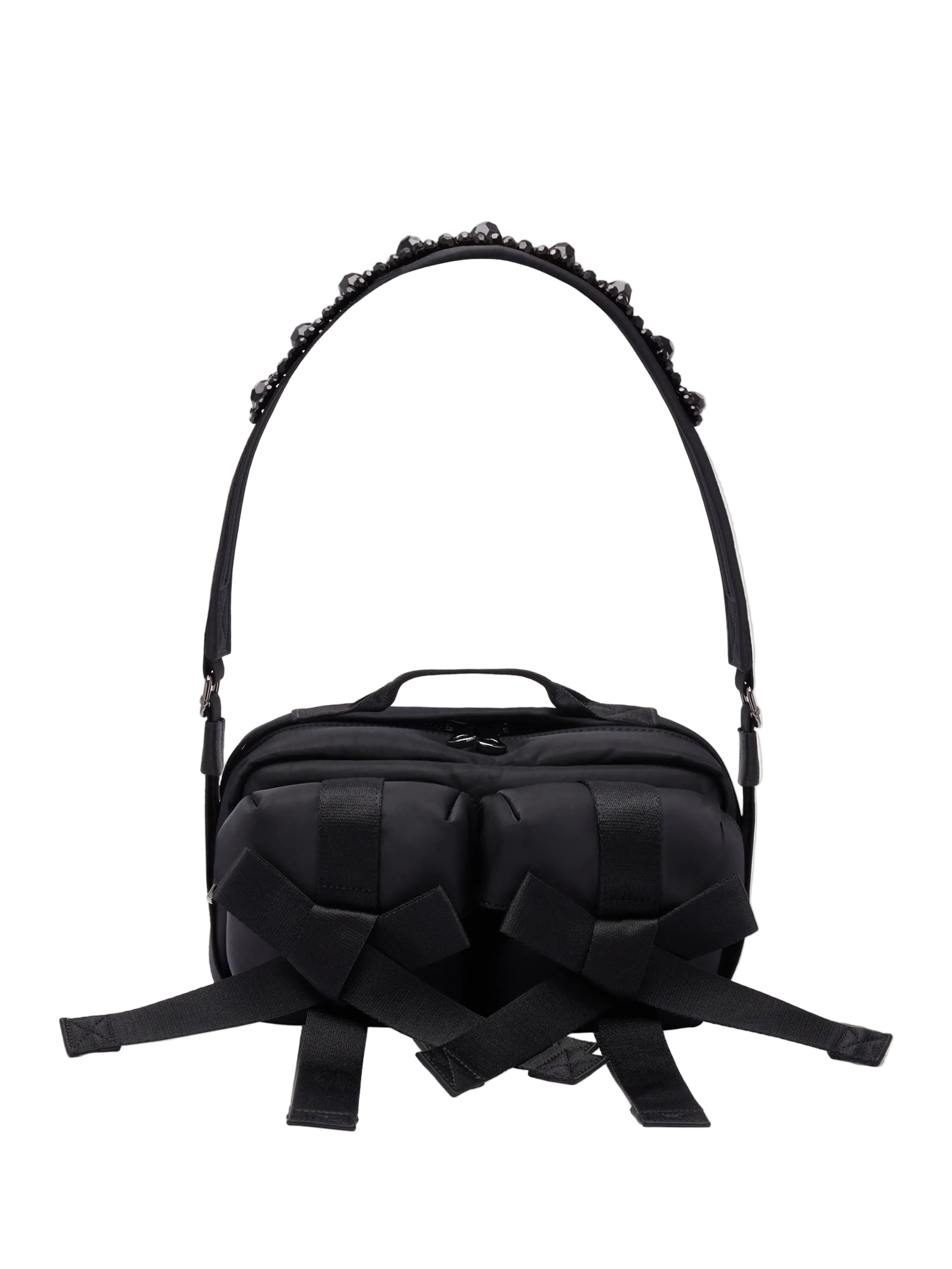 Simone Rocha Beaded Classic Bow Crossbody Bag in Black with padded double pouch front, oversized bow detailing, top handle and beaded shoulder strap.