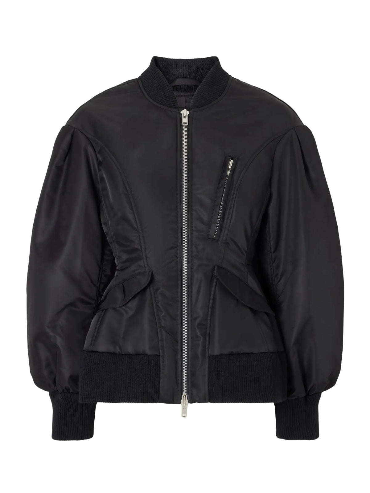 Simone Rocha Padded Sculpted Bomber Jacket in Black, front view showing voluminous sleeves, fitted waist, ribbed trims and silver-tone zip fastening.