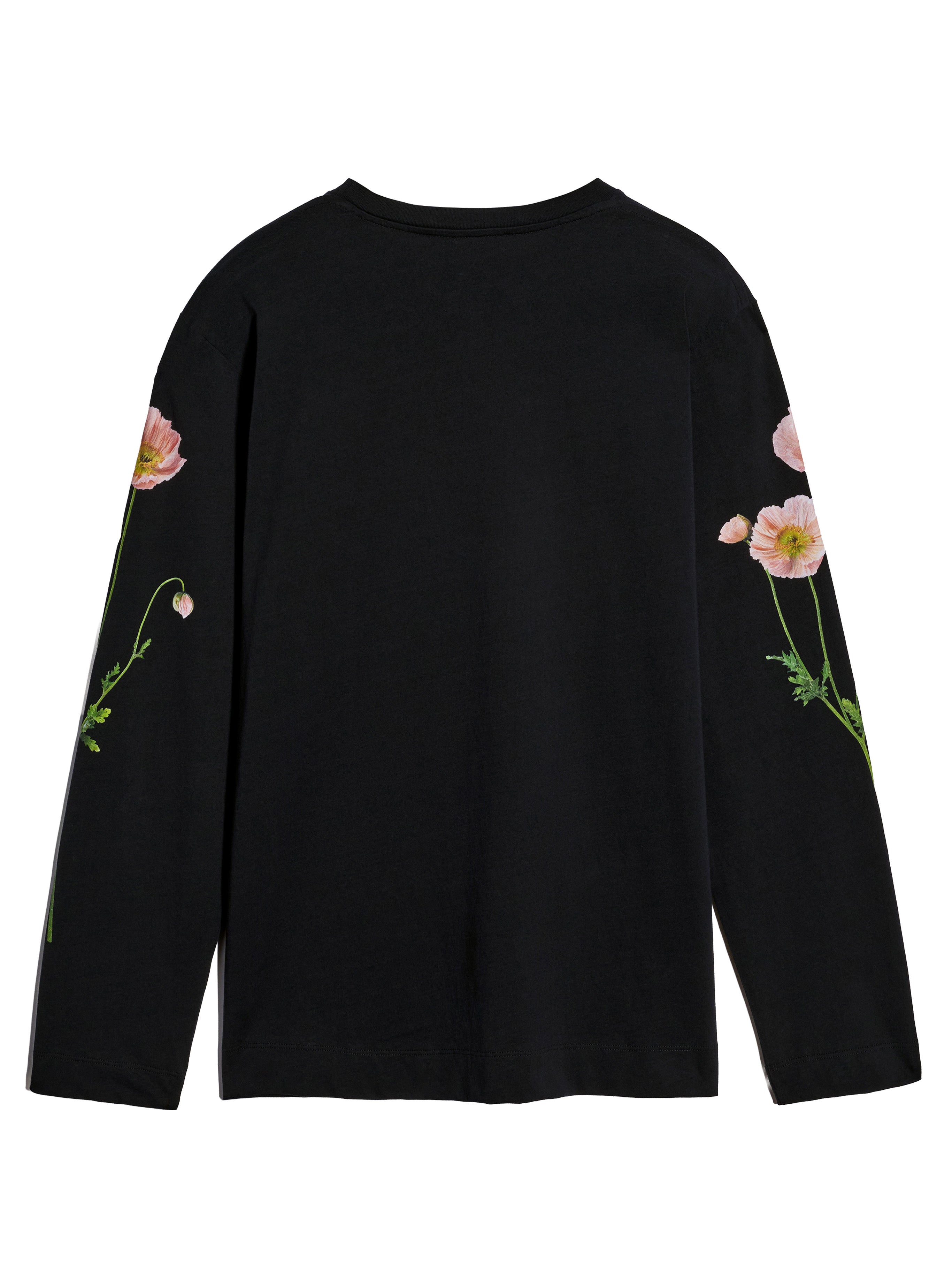 Back view of a black, long-sleeve shirt with poppy field print from Simone Rocha on a white background