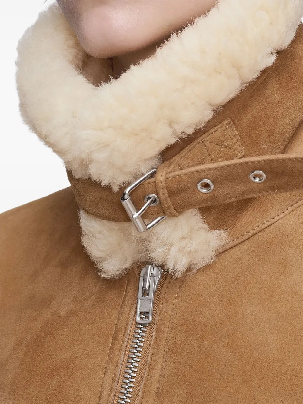 Maison Margiela Sports Jacket in Dark Desert close-up of shearling collar and buckle detail
