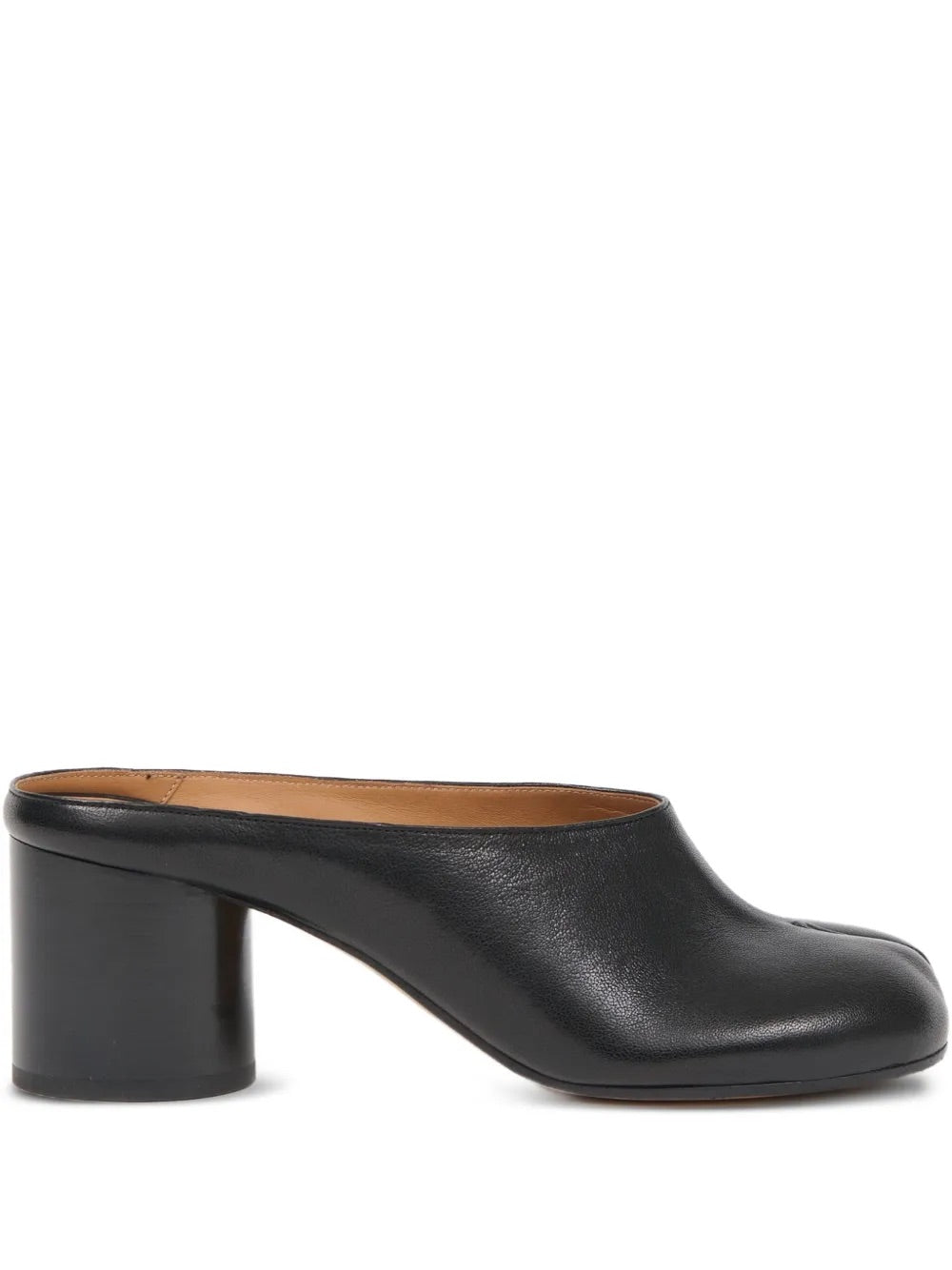 Side packshot of the Maison Margiela Tabi Pump Mules H60 in Black, showing the slip-on design, block heel, tabi split toe, round silhouette, and leather sole.