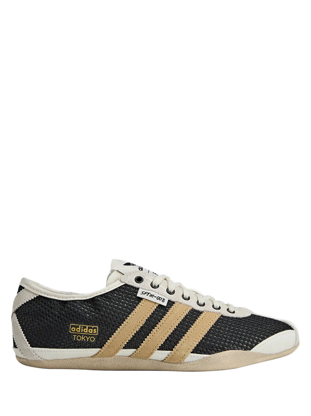 Adidas Tokyo W SFTM in Black/Beige/Gold - side view showing black textured upper with gold three stripes and beige sole