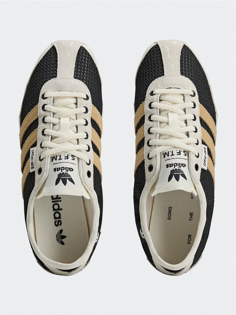 Adidas Tokyo W SFTM in Black/Beige/Gold - front view of pair showing black textured upper and gold three stripes