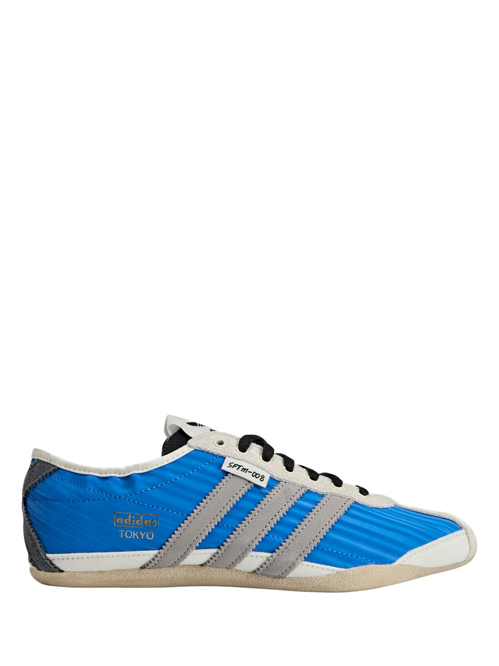 Adidas Tokyo W SFTM in Blue/Solid Grey/Off White - side view showing blue low-top silhouette with grey three stripes and off-white sole
