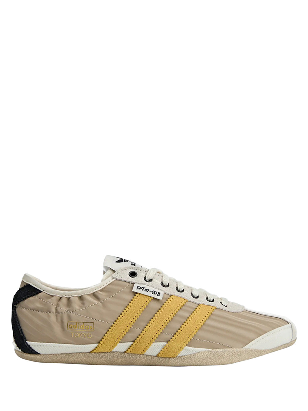 Adidas Tokyo W SFTM in Off White/Yellow/Black - side view showing off white low-top silhouette with yellow three stripes and black lace-up closure