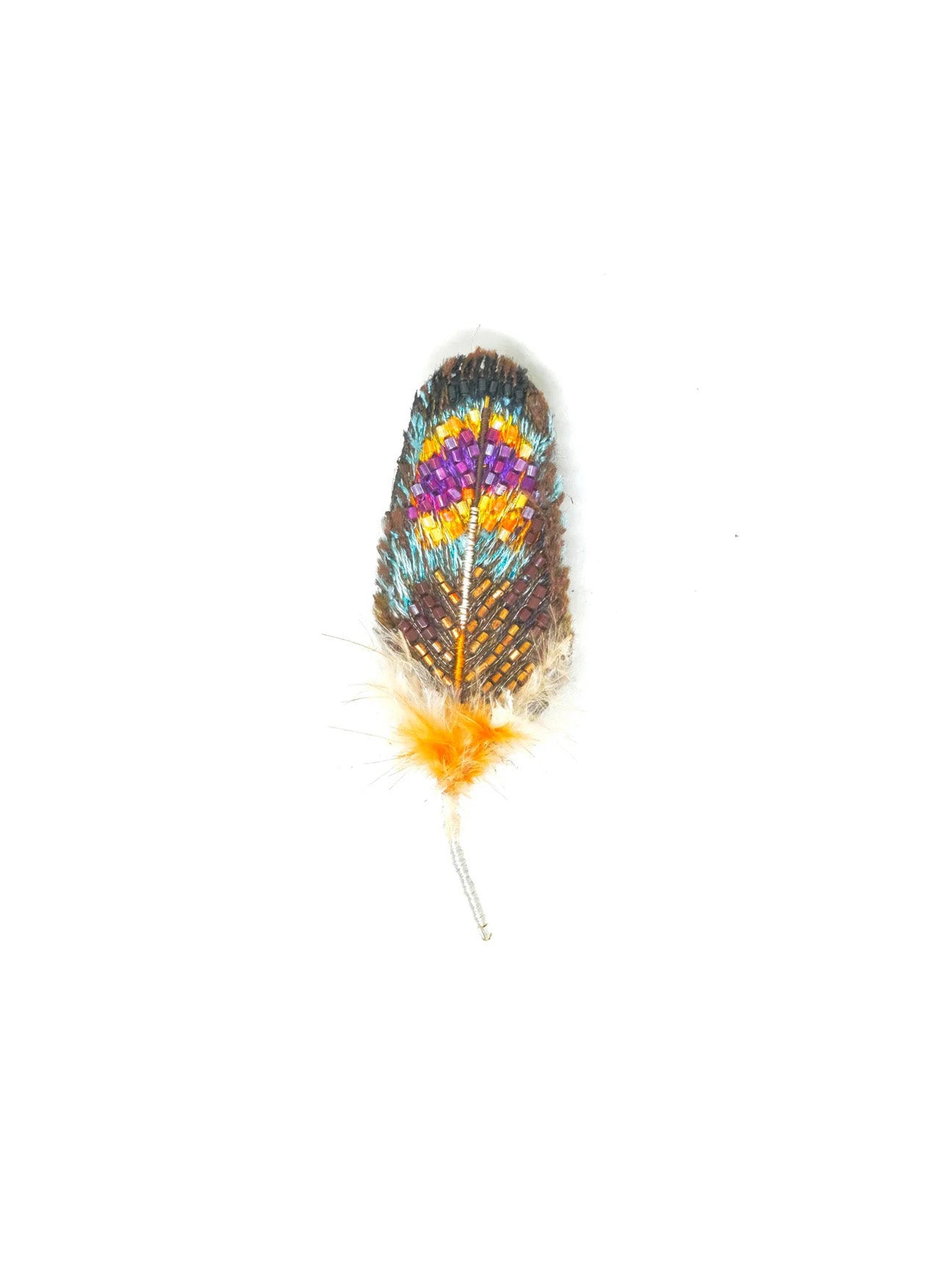 Decorative brooch, feather design with beads and sequins, handmade in India