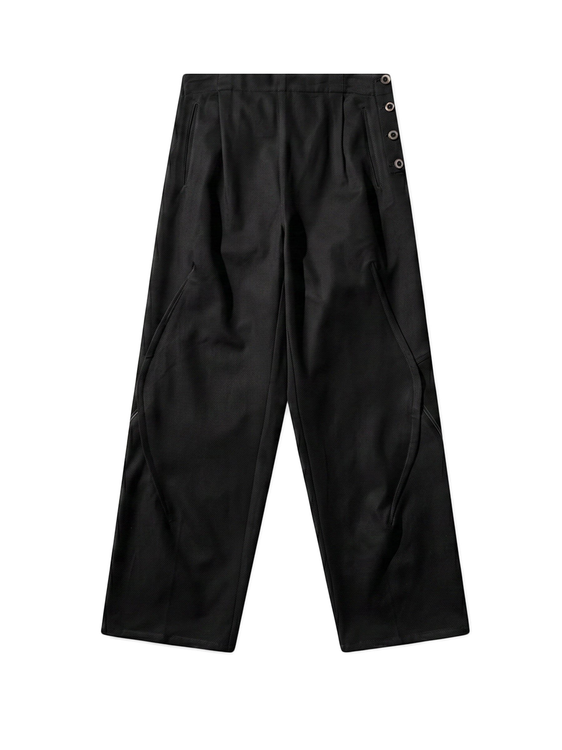 Kiko Kostadinov Vig K-Dart Trouser in Space Black with a wide-leg silhouette and side button detailing.