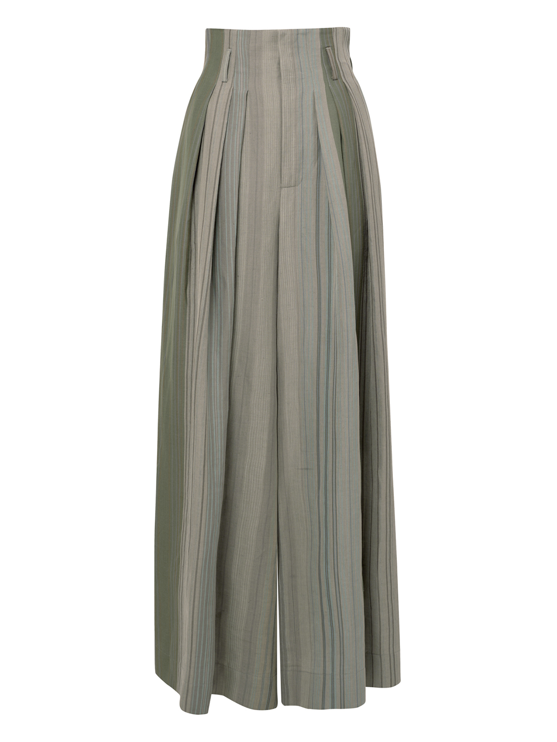 Front view of a grey pants with front pleats and subtle stripes from Vivienne Westwood on a white background