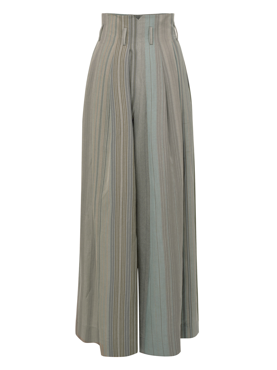 Back view of a grey pants with front pleats and subtle stripes from Vivienne Westwood on a white background