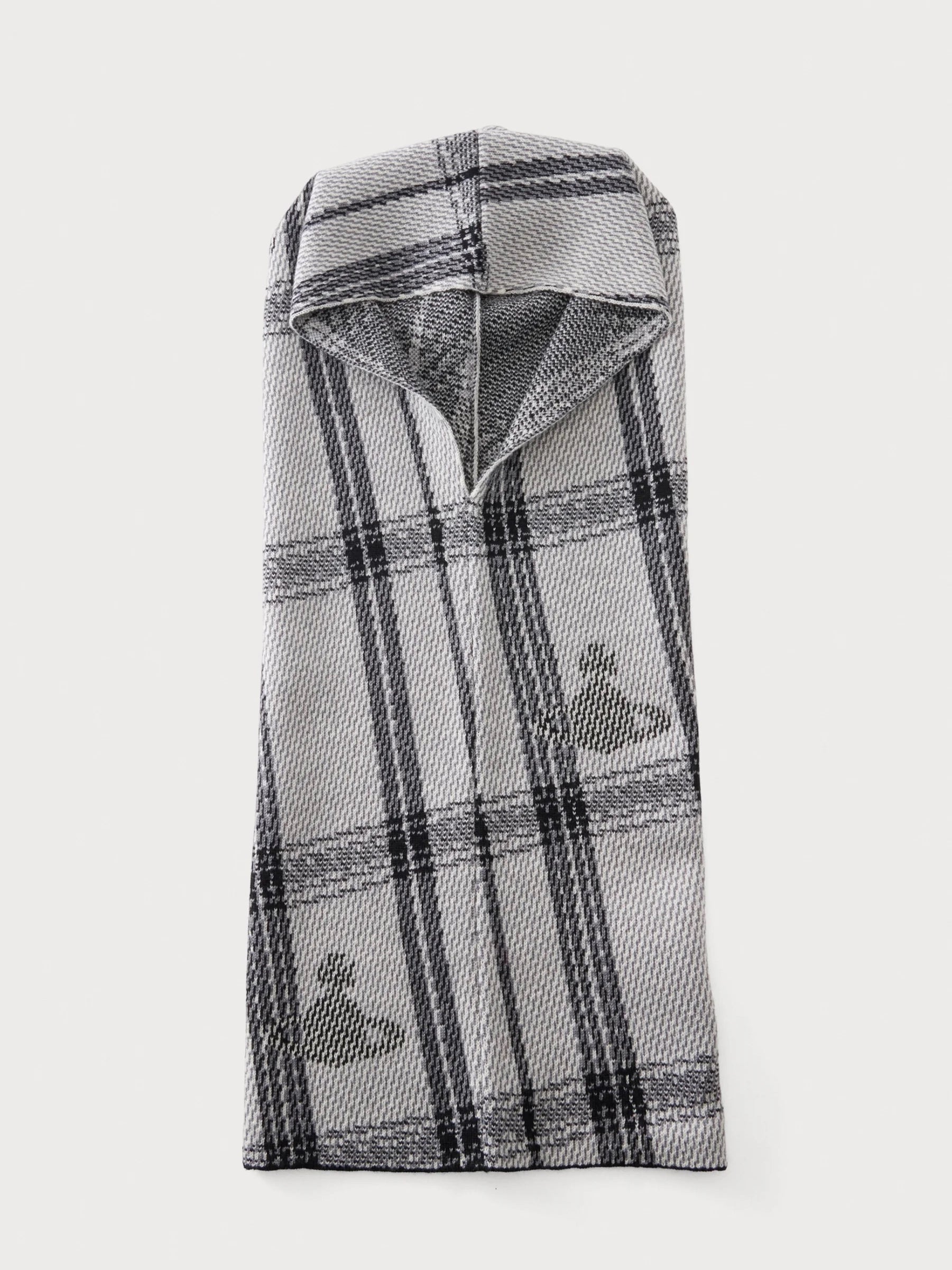 Vivienne Westwood Bi Tartan Hood in Black, open hooded scarf with wrap-style neckline and tartan knit design