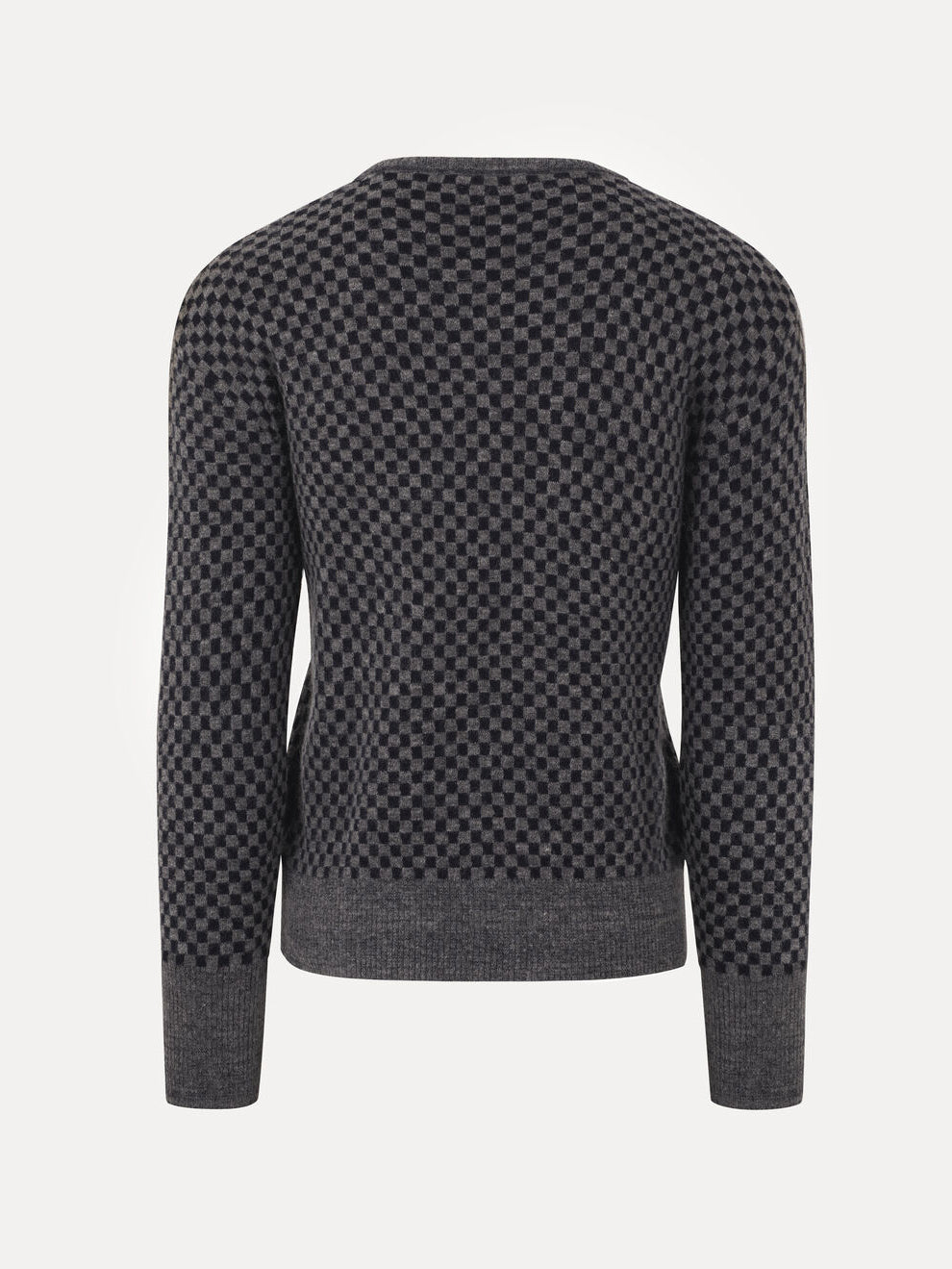 Back view of Vivienne Westwood Checkmate Jumper in grey melange navy checkerboard jacquard with ribbed neckline, cuffs and hem