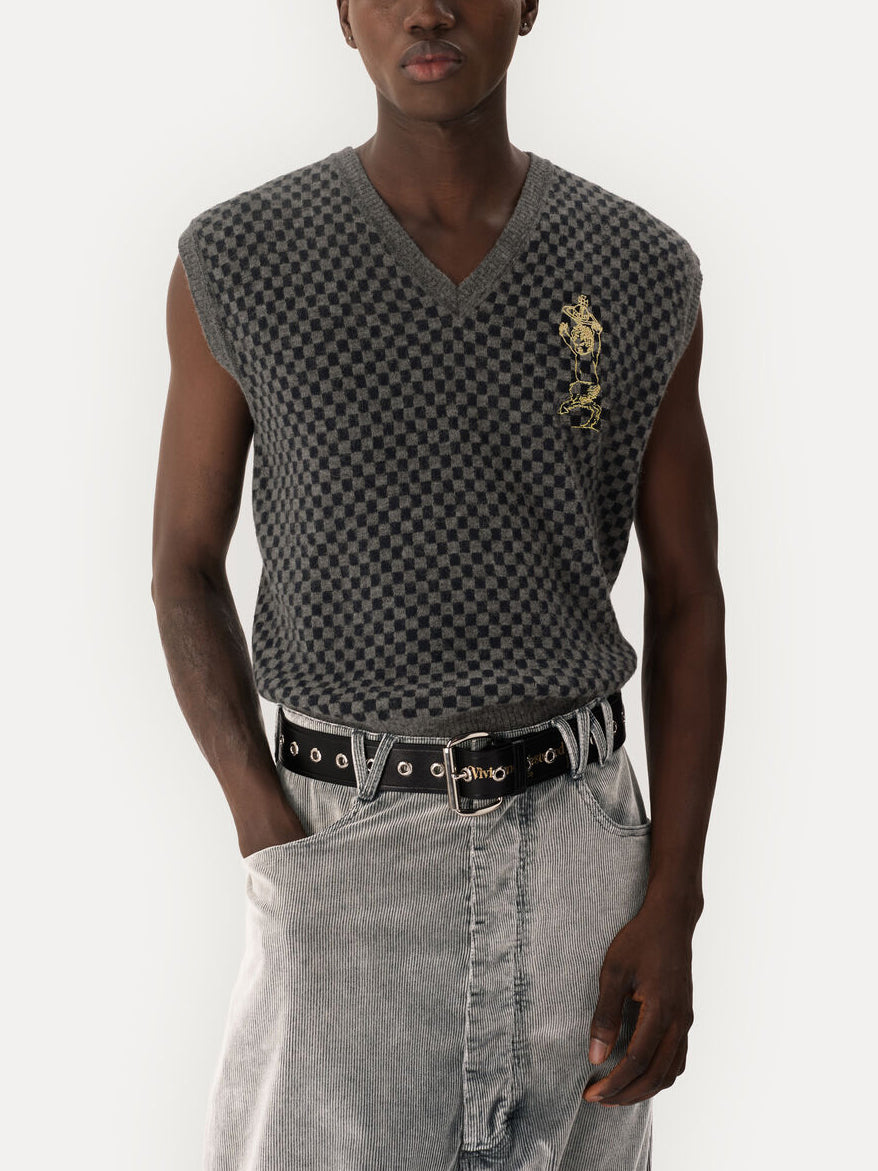 Close-up of Vivienne Westwood Checkmate Vest showing grey navy checkerboard knit texture, deep V-neckline and dancing satyr chest embroidery