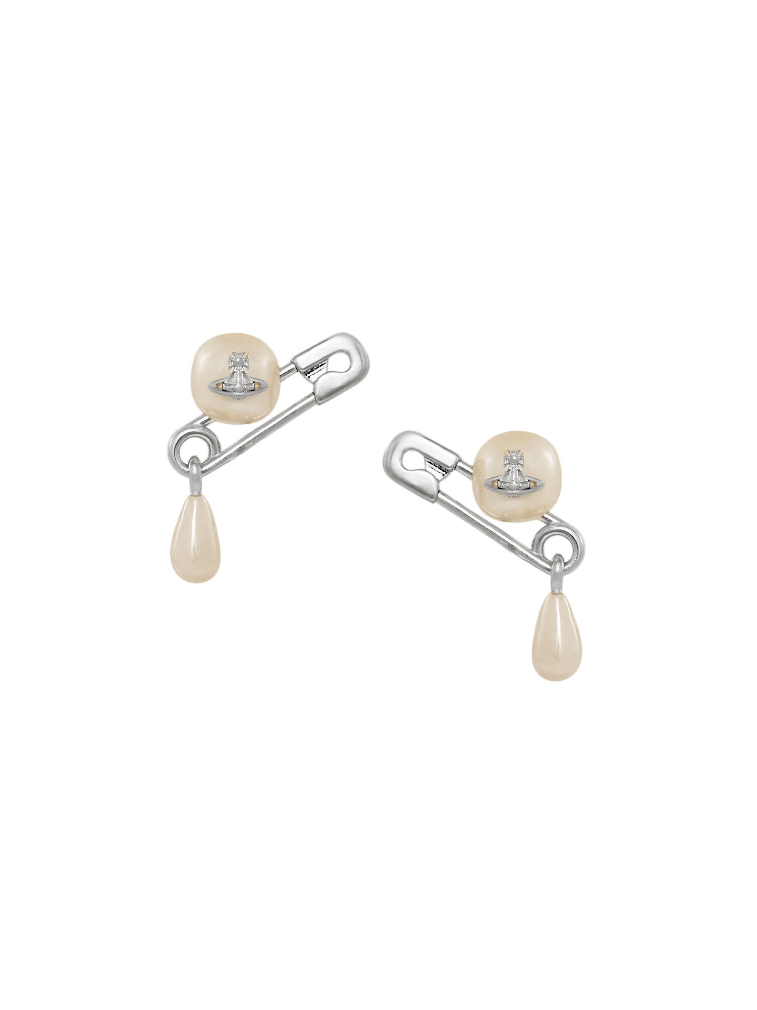 Pair of pearl earrings from Vivienne Westwood with safety pin design on a white background