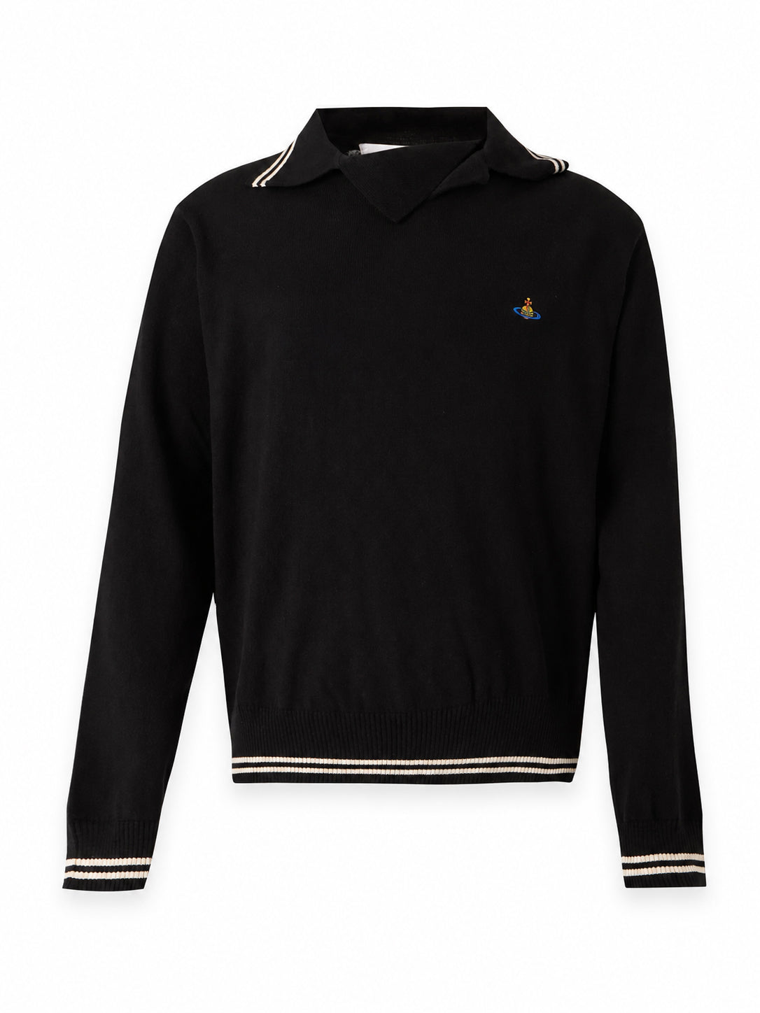Vivienne Westwood Doubletake Polo Jumper in black with layered polo collar, contrast stripe trims and small orb chest motif