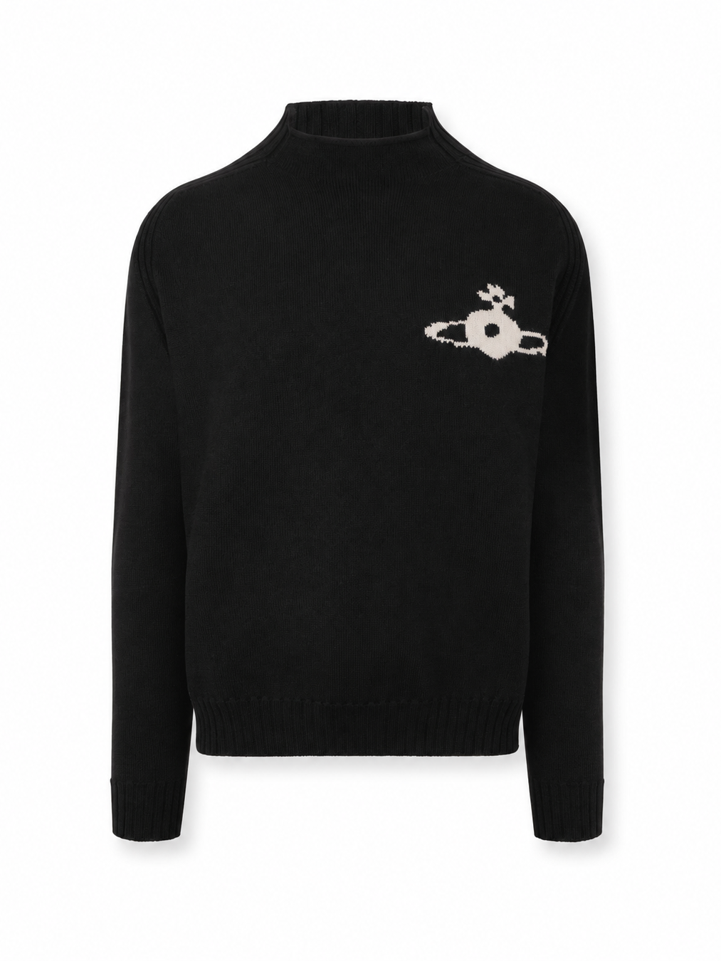 Vivienne Westwood Fisherman Jumper in black merino wool with ribbed mock neck, raglan sleeves and woven orb motif