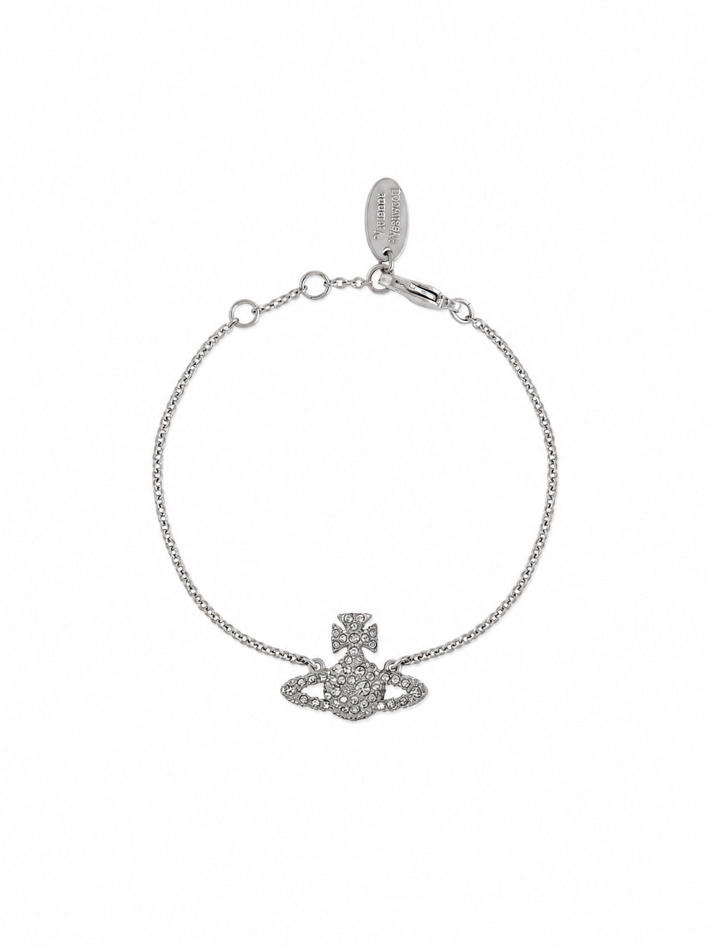 Vivienne Westwood Grace Bas Relief Bracelet in platinum crystal with silver-tone trace chain, pavé crystal orb charm and adjustable fastening