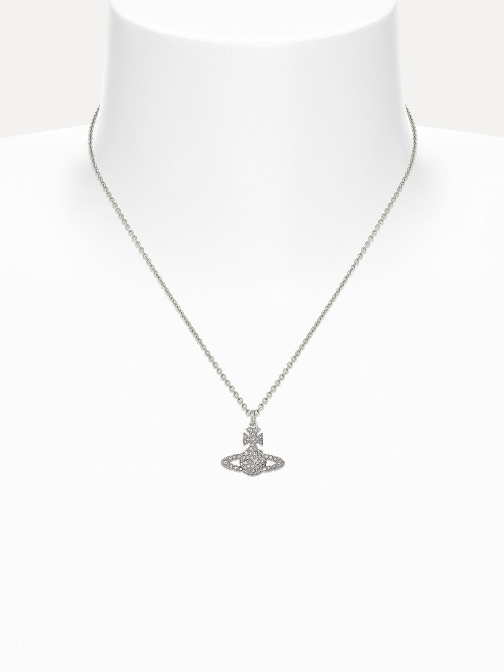 Vivienne Westwood Grace Bas Relief Pendant worn on neck with polished silver-tone chain, crystal orb charm and adjustable length