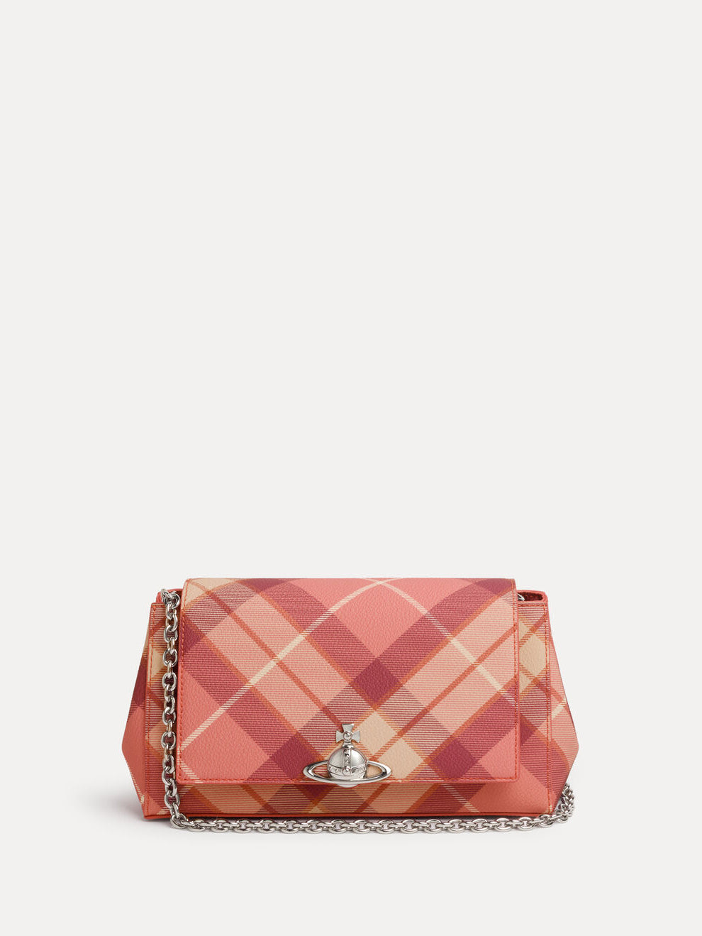 Vivienne Westwood Hazel Medium Handbag in Fraser Pink, front flap view with compact rectangular silhouette and silver-tone orb closure.