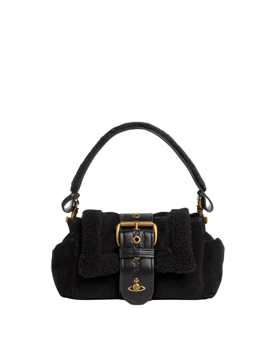 Vivienne Westwood Hazel Treasure Handbag in Black, front view with soft textured body, top handle, buckle strap detail and gold-tone orb plaque.