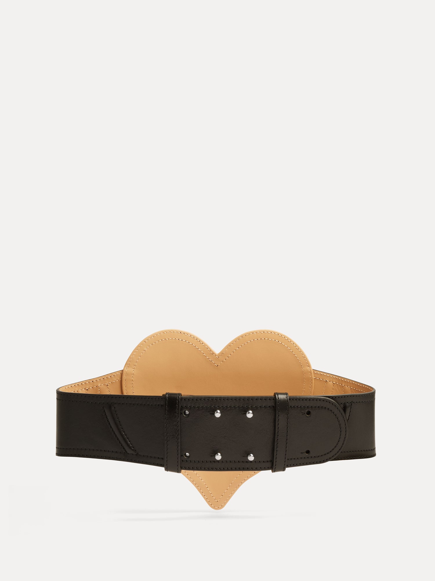 Back view of Vivienne Westwood Heart Corset Belt in black leather with adjustable buckle fastening and tan leather lining