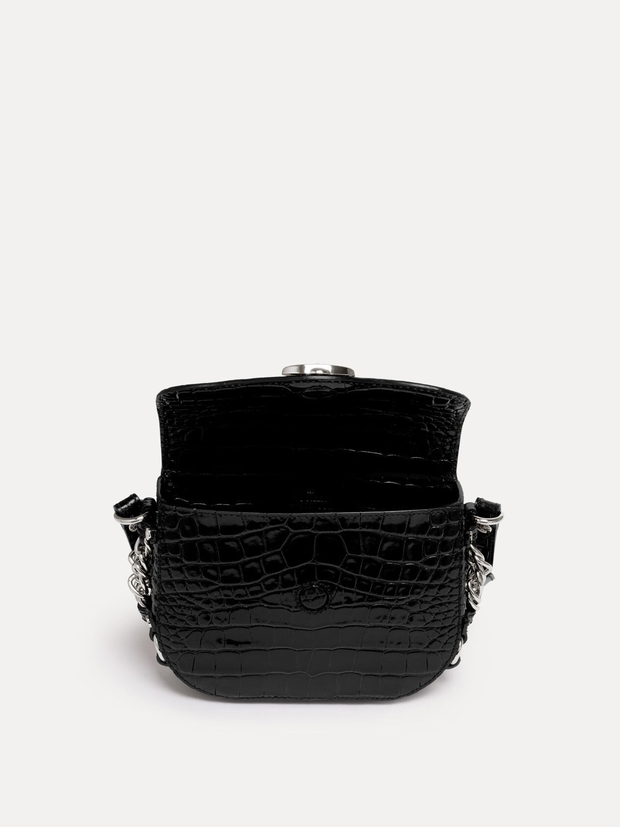Vivienne Westwood black Hunter Flap Crossbody shown open with compact interior, flap closure and textured croc-effect leather finish