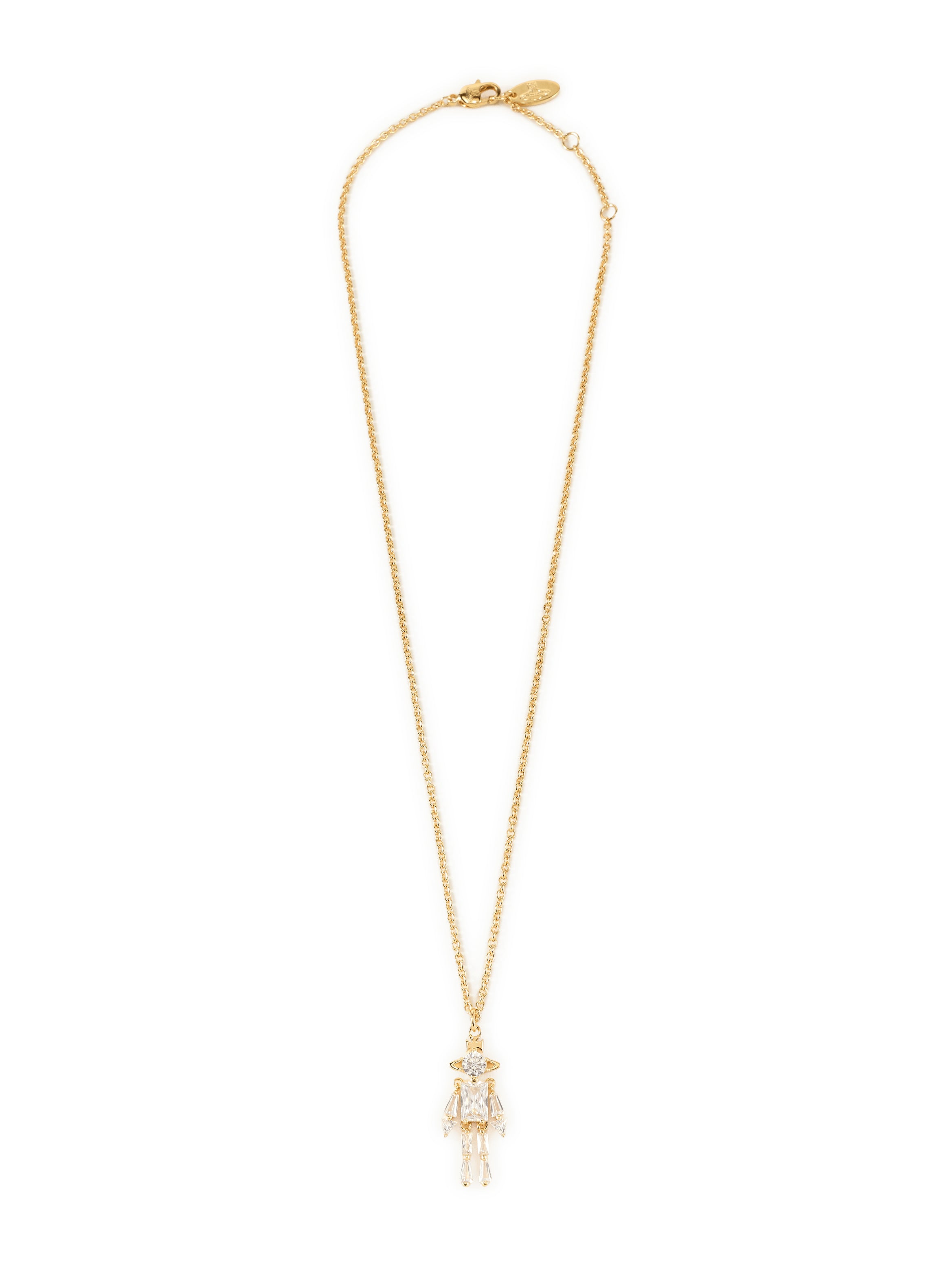 Vivienne Westwood Issa Long Pendant in Gold White, full-length view on black background, figural mixed-cut white crystal charm, orb motif head, baguette and tapered crystal body, long gold-tone foxtail chain, lobster clasp with branded oval charm
