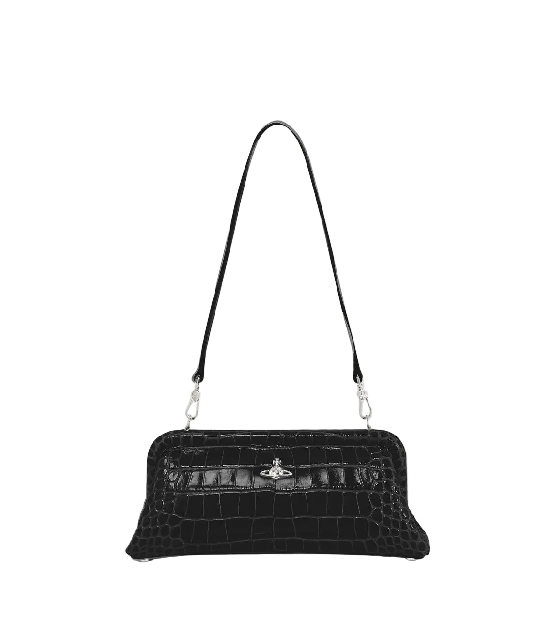 Vivienne Westwood Jane Frame Purse in Black, front view with glossy crocodile-effect texture, detachable shoulder strap and silver-tone orb plaque.