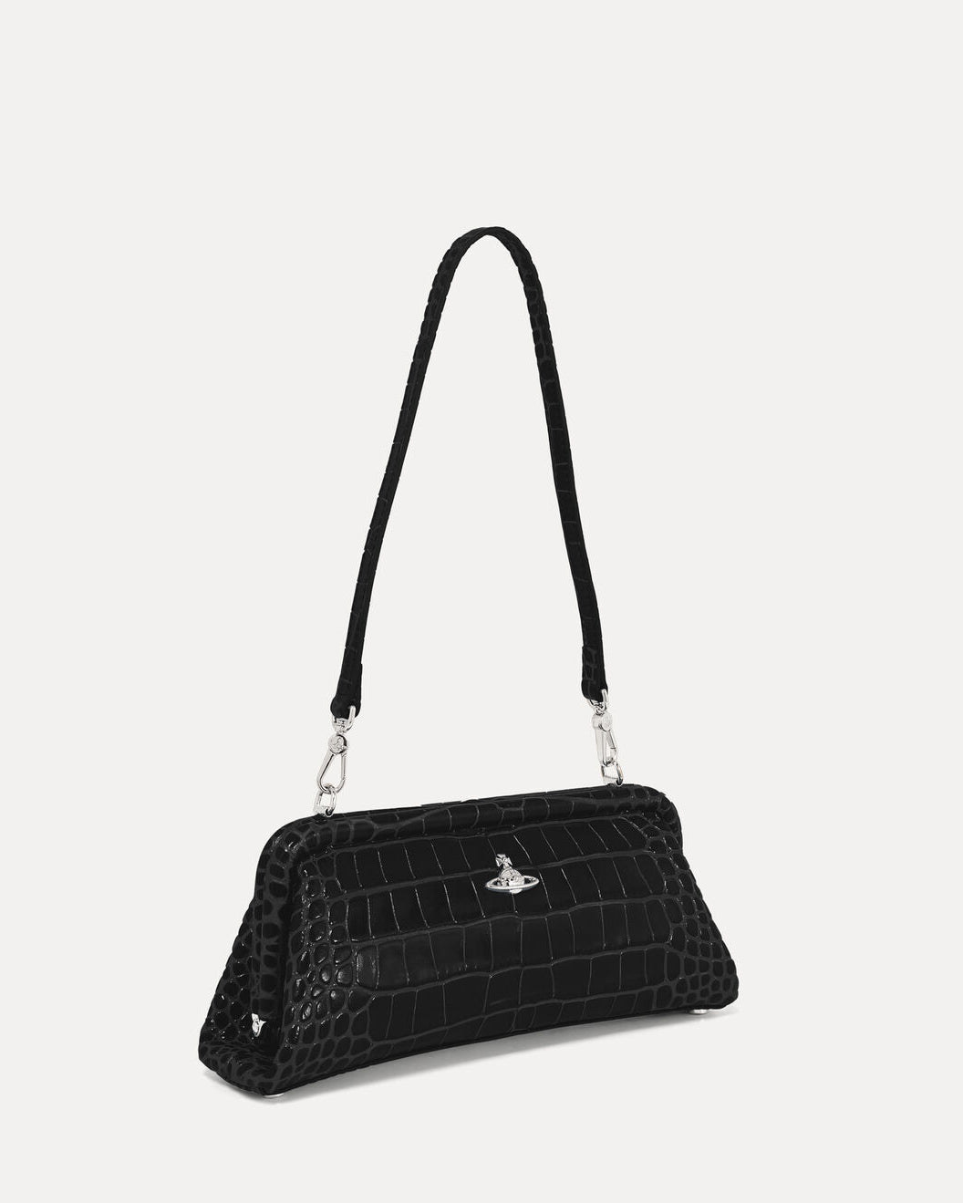 Vivienne Westwood Jane Frame Purse in Black shown from an angled view with structured silhouette, clasp fastening and front orb plaque.