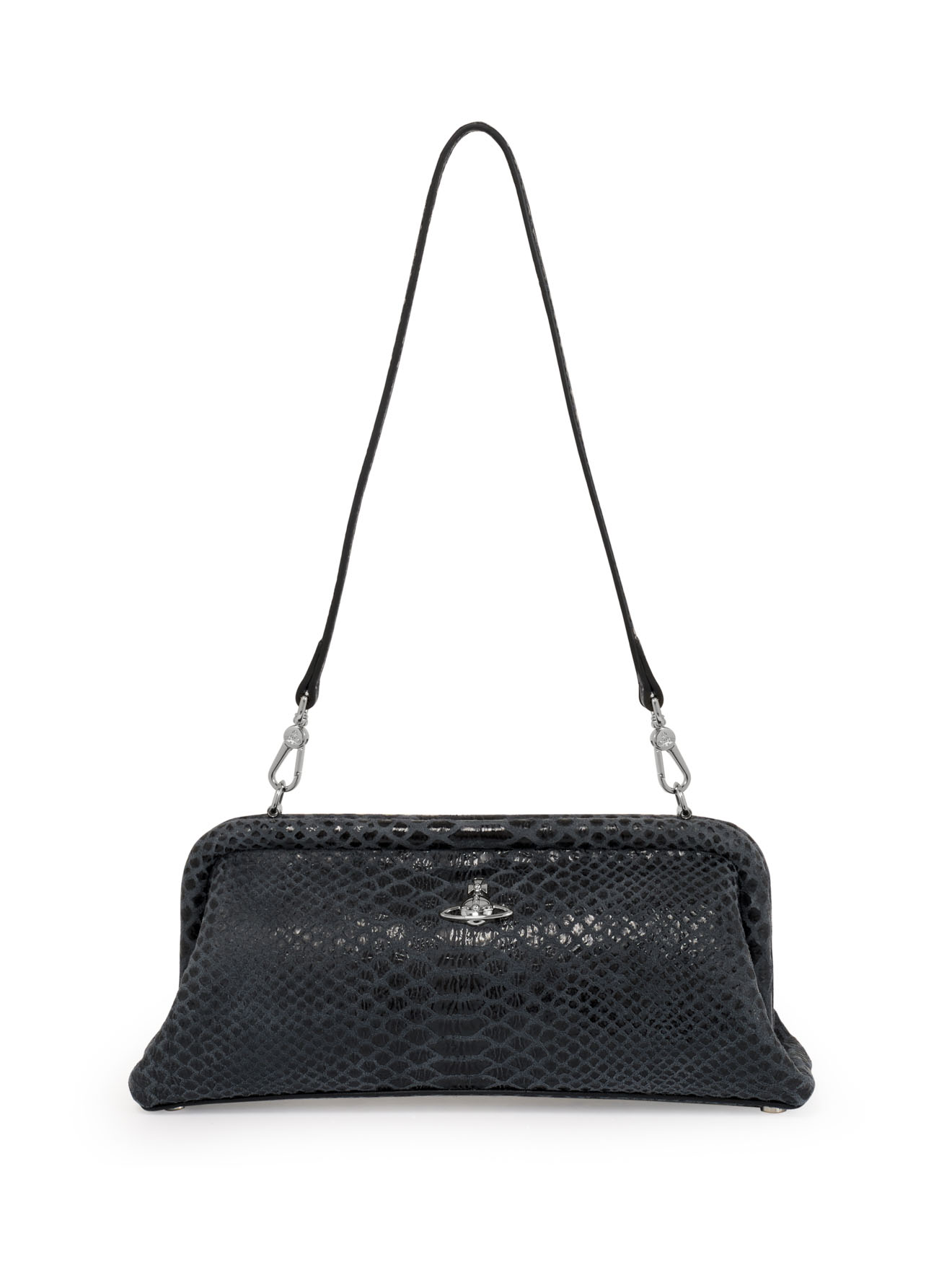 Black snake-effect handbag with a 3D orb from Vivienne Westwood on a white background
