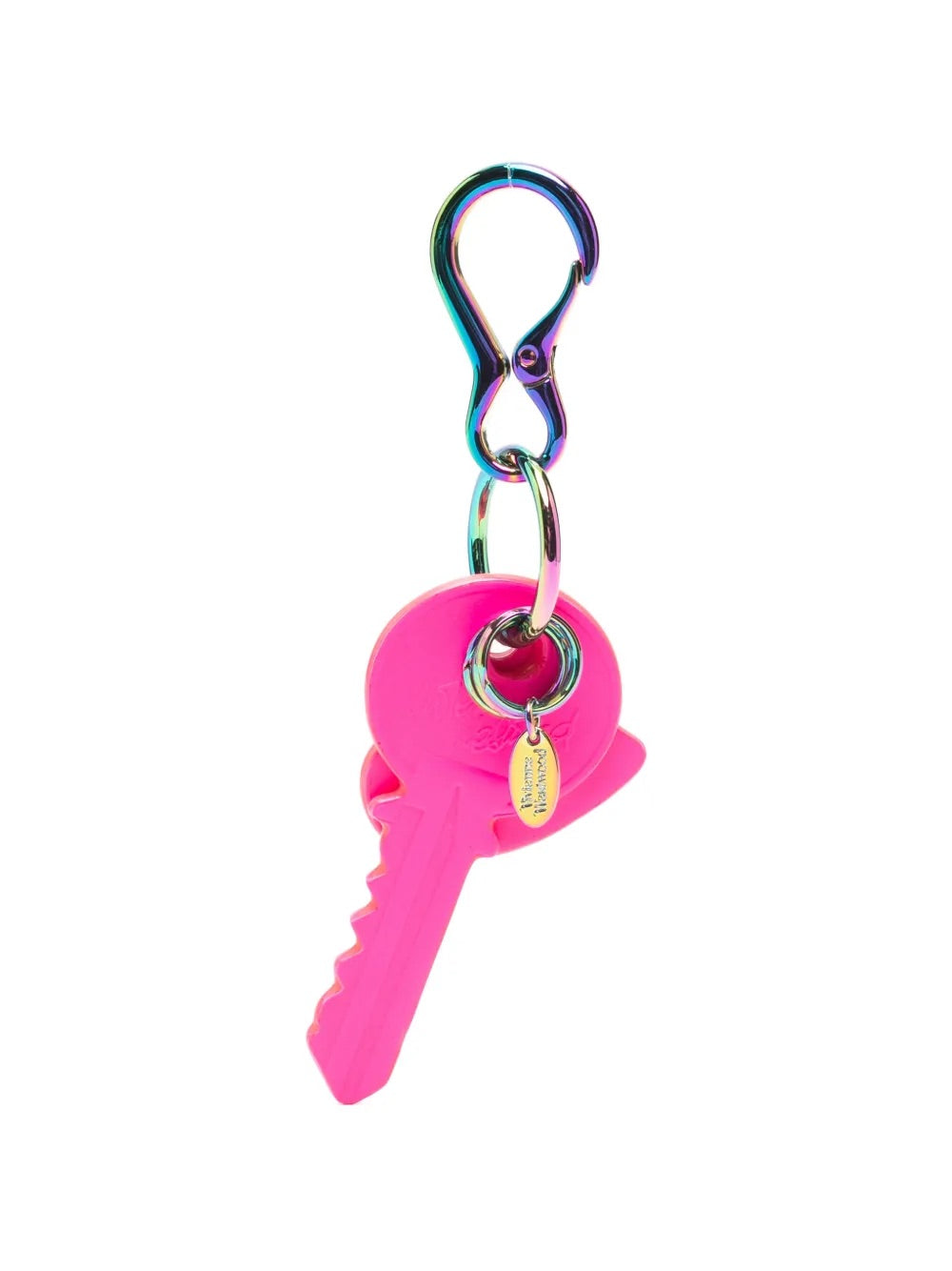 Key and Heart Keyring in Fuchsia by Vivienne Westwood, back view of fuchsia leather key charm and heart charm showing iridescent spring-ring fastening and Orb plaque detail, Spring/Summer 2026