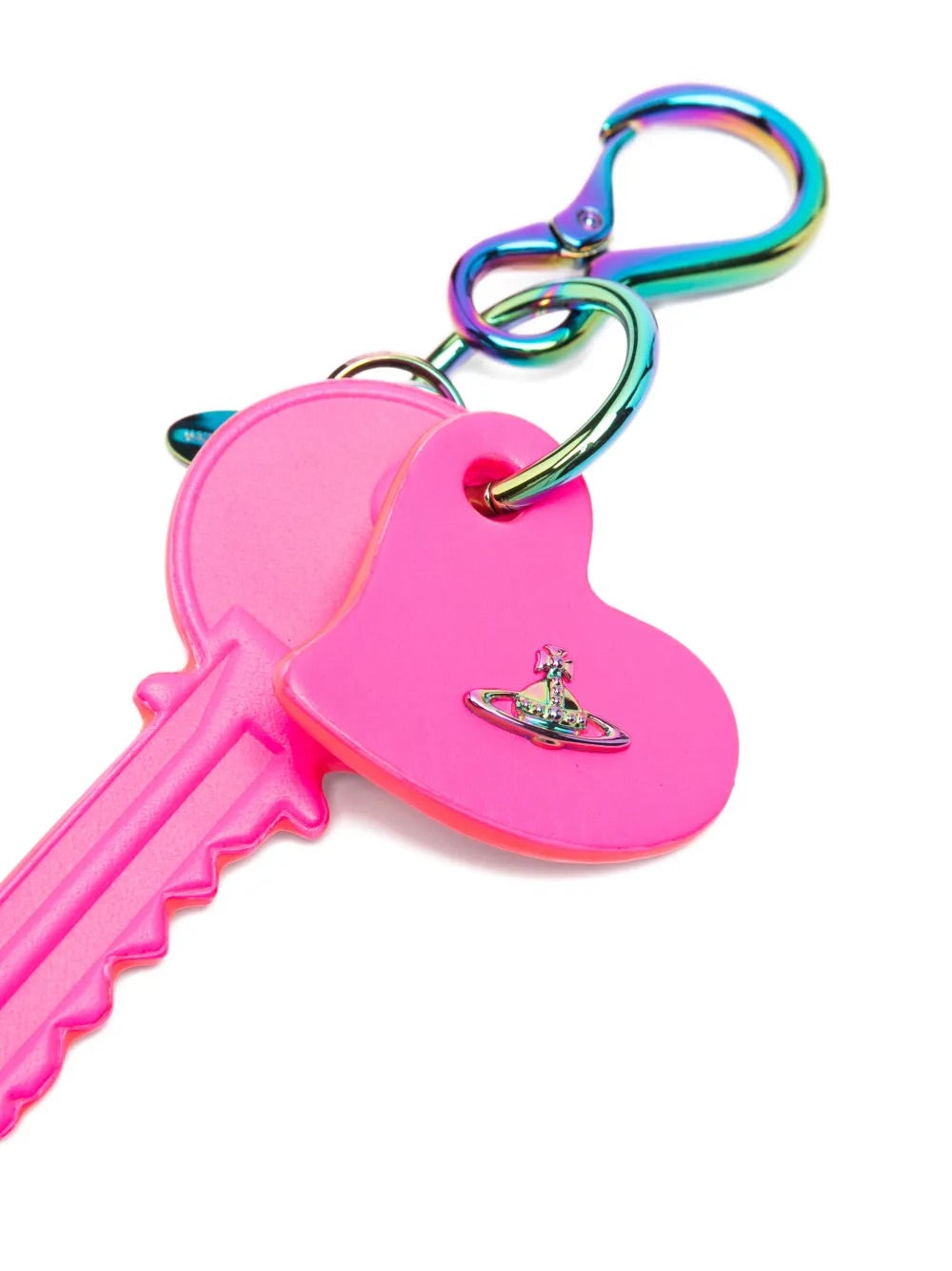Key and Heart Keyring in Fuchsia by Vivienne Westwood, angled view of fuchsia leather key and heart charms with gold-tone Orb logo plaque and iridescent hardware clasp, Spring/Summer 2026