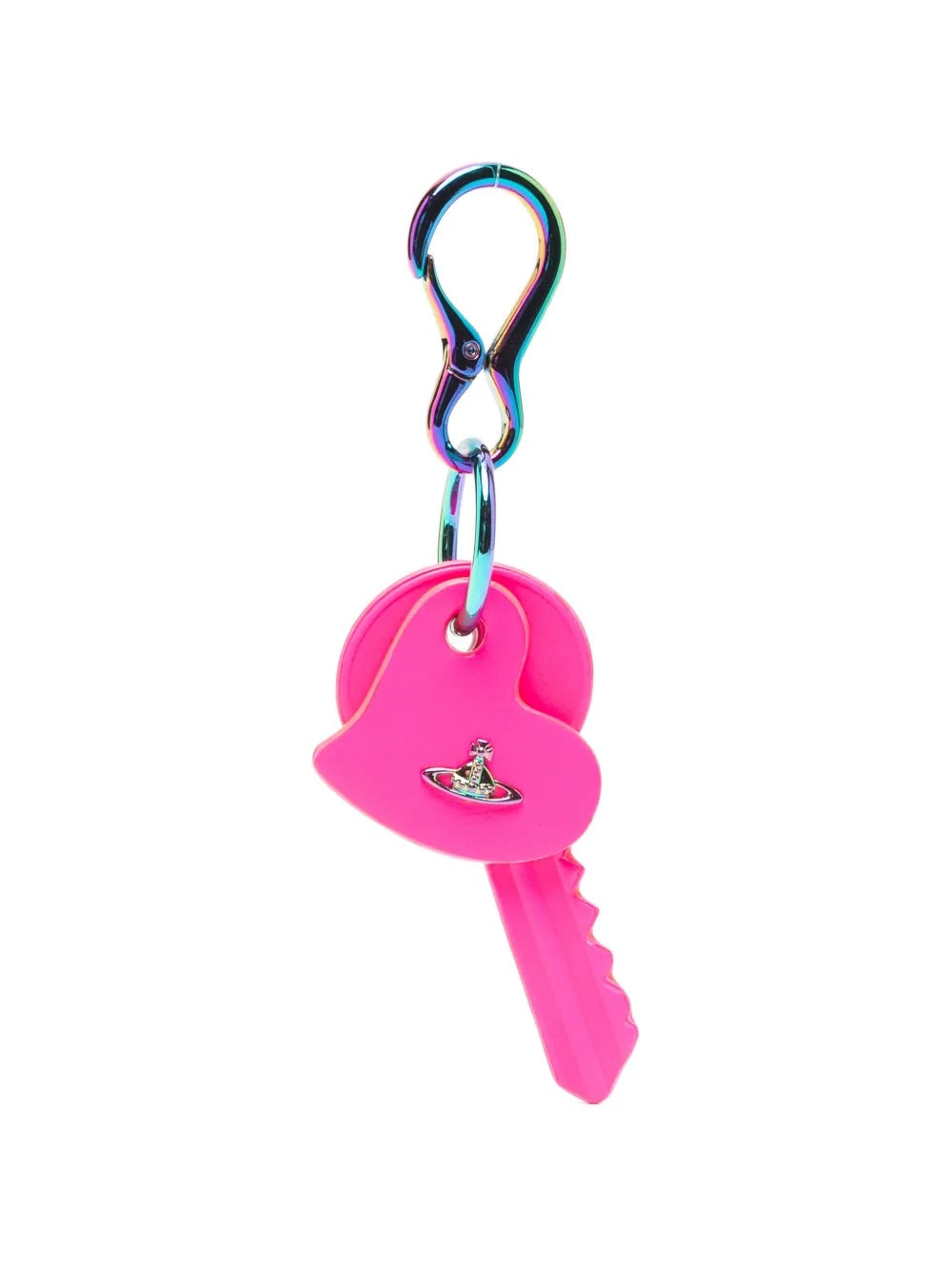 Key and Heart Keyring in Fuchsia by Vivienne Westwood, front view of bold fuchsia cow leather key charm and matching heart charm with Orb logo plaque, iridescent spring-ring clasp, Spring/Summer 2026