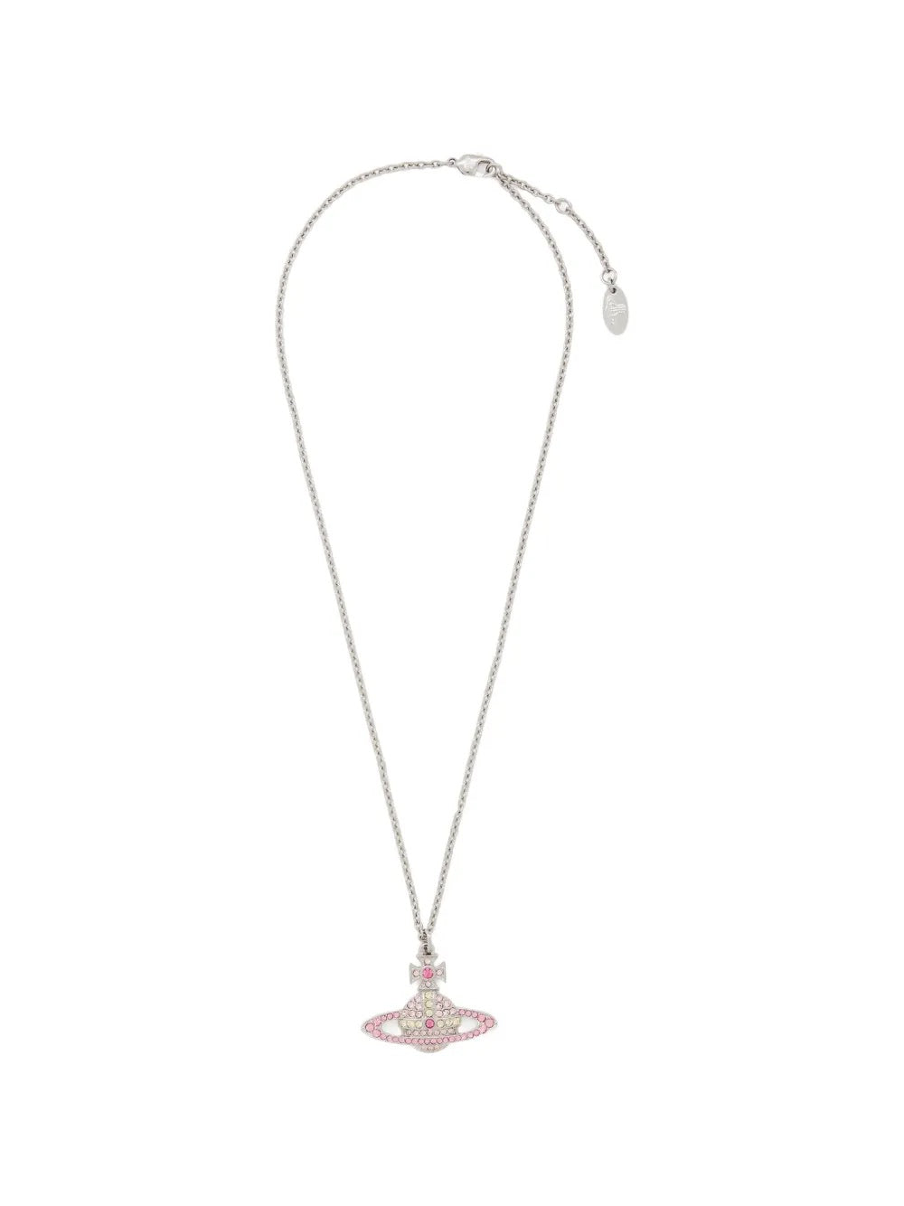Kika Pendant in Platinum/Vintage Rose by Vivienne Westwood, full-length view of silver-tone chain necklace with vintage rose crystal Orb pendant, 55cm chain length, Spring/Summer 2026