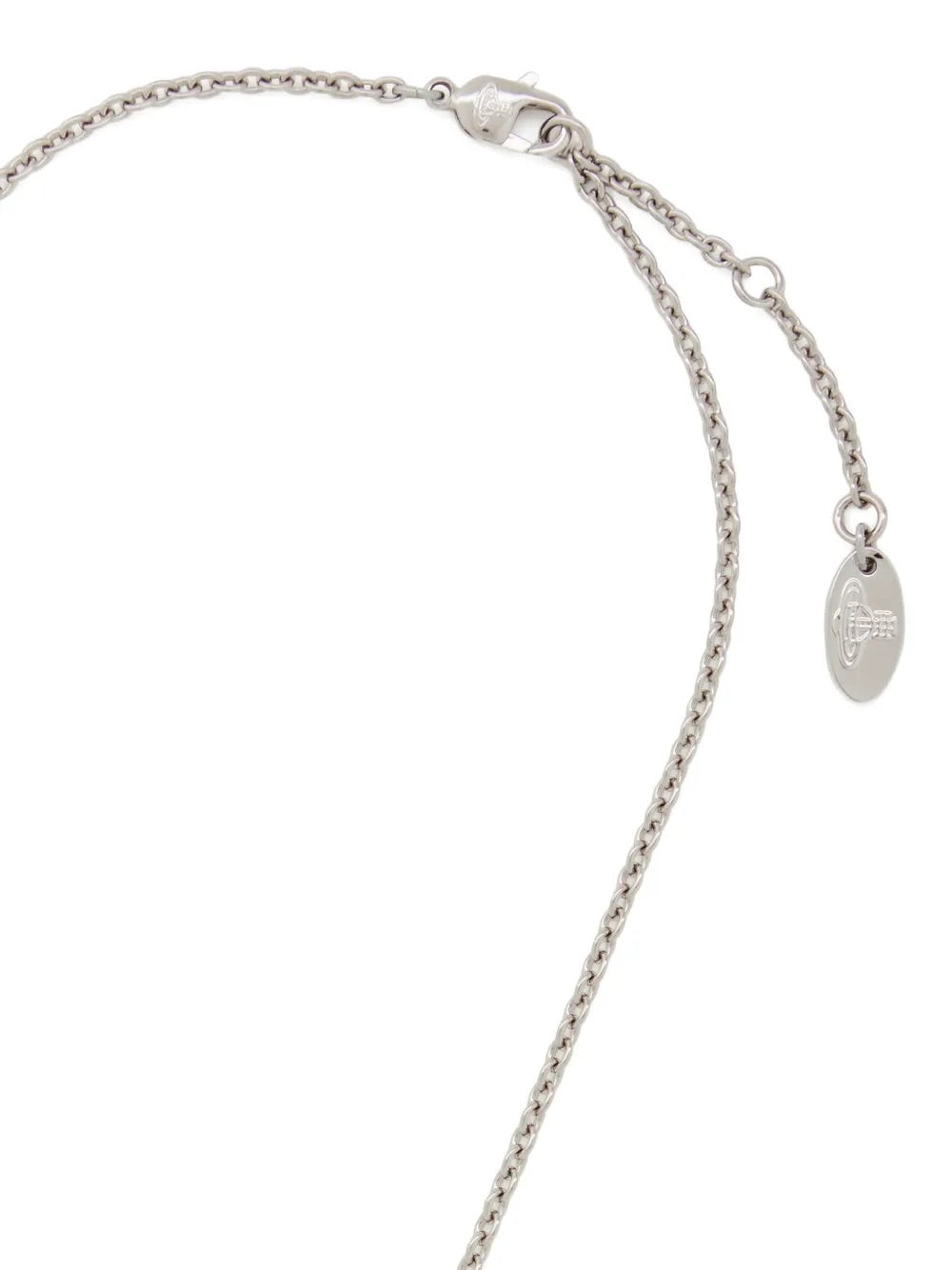 Kika Pendant in Platinum/Vintage Rose by Vivienne Westwood, closeup of engraved lobster-claw clasp and silver-tone chain detail, Spring/Summer 2026