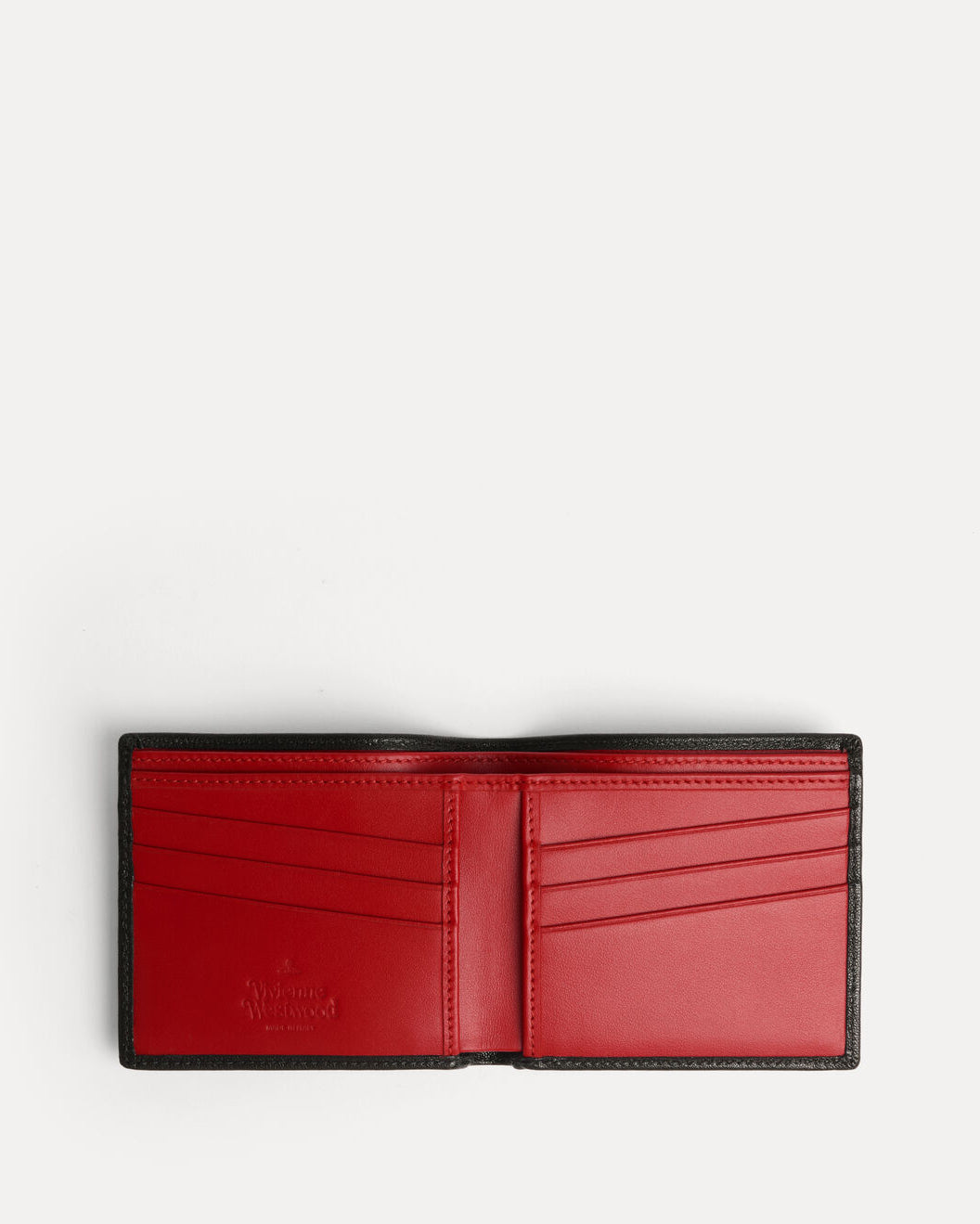Vivienne Westwood Man Billfold wallet in Black, shown open with a red interior, multiple card slots, and embossed logo detail.