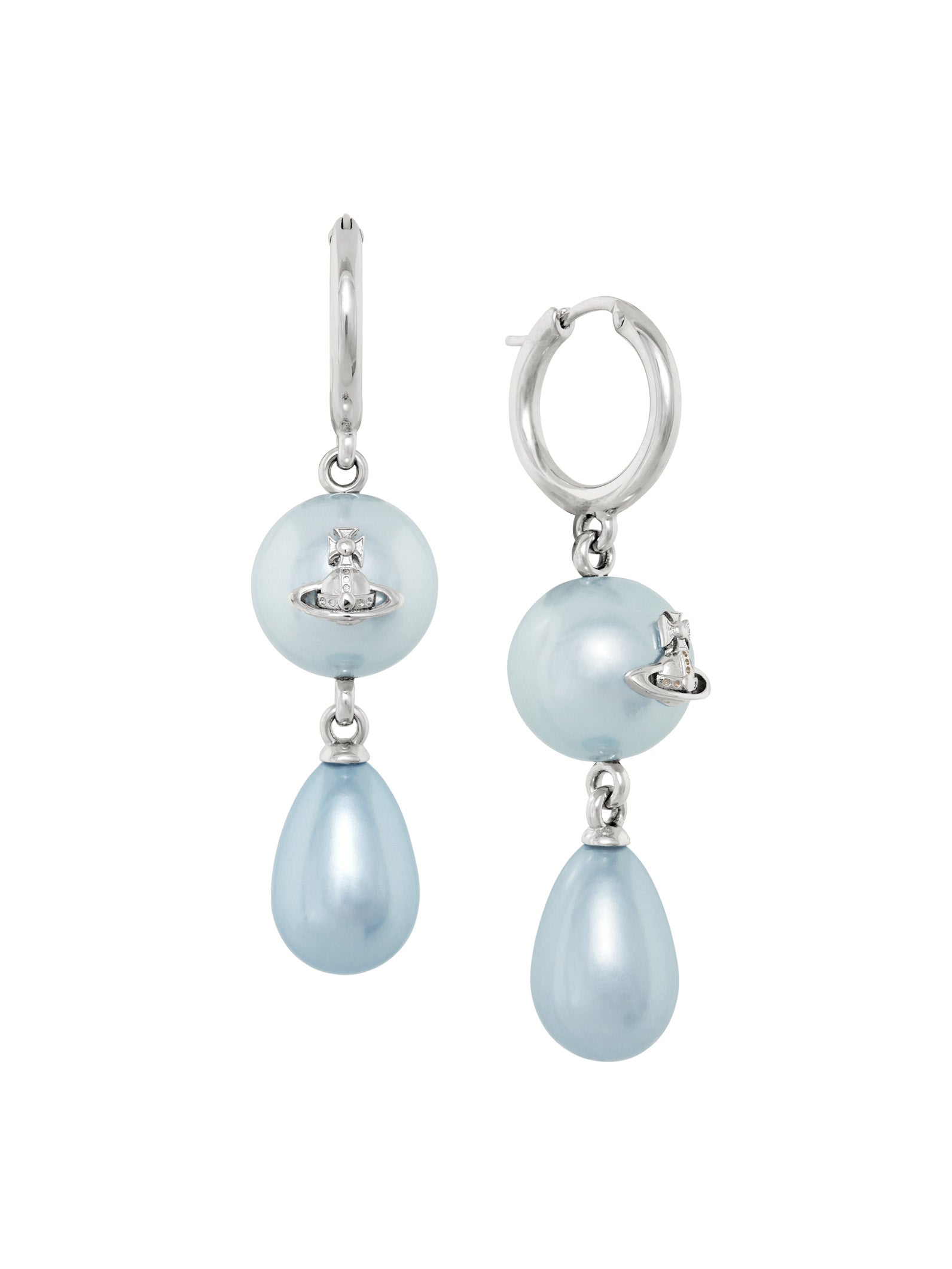 Platinum hoop earrings with light blue pearl drop feature from Vivienne Westwood
