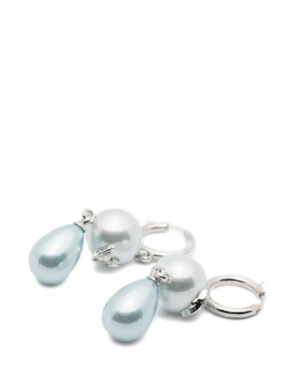 Martha Earrings in Platinum/Light Blue by Vivienne Westwood, pair of silver-tone hoop earrings each featuring white pearl stud and light blue teardrop resin pearl drop, 5.5cm length, Spring/Summer 2026