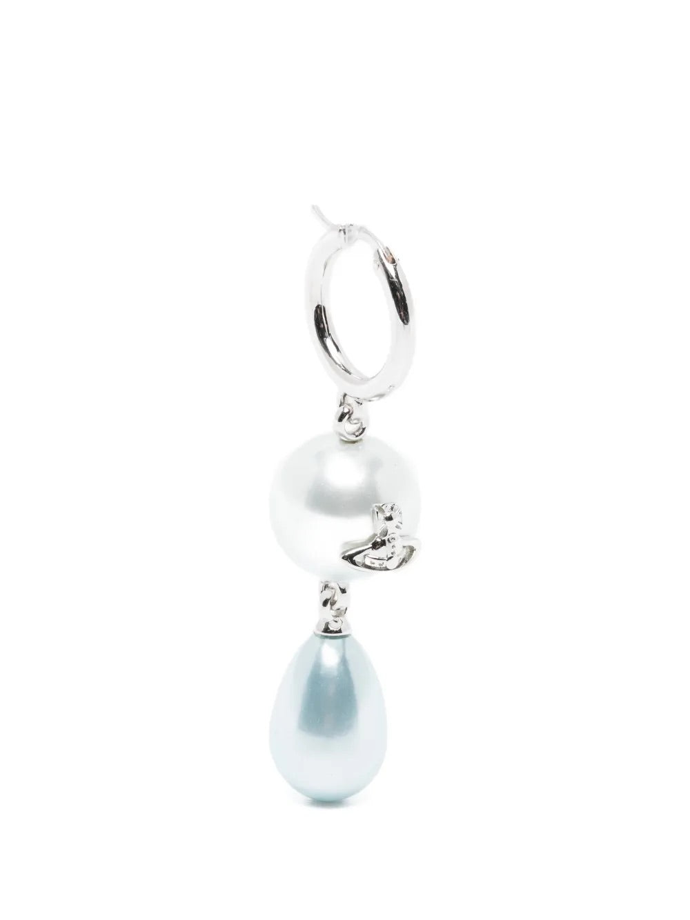 Martha Earring in Platinum/Light Blue by Vivienne Westwood, single silver-tone hoop earring with white pearl and light blue teardrop resin pearl drop, 1.6cm width, Spring/Summer 2026