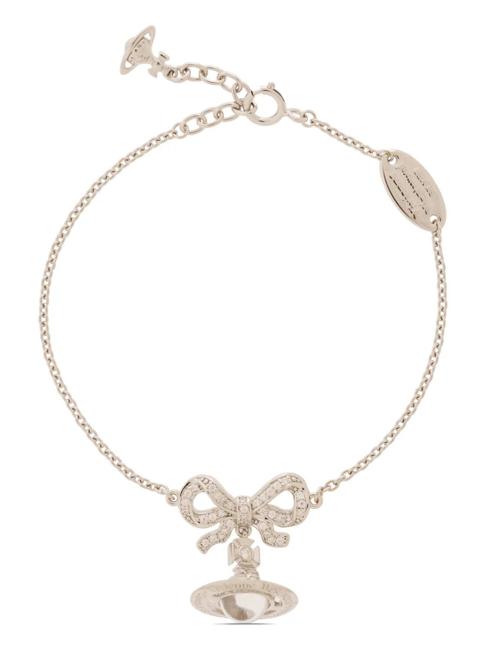 Silver bracelet with bow and classic orb charm from Vivienne Westwood on a white background