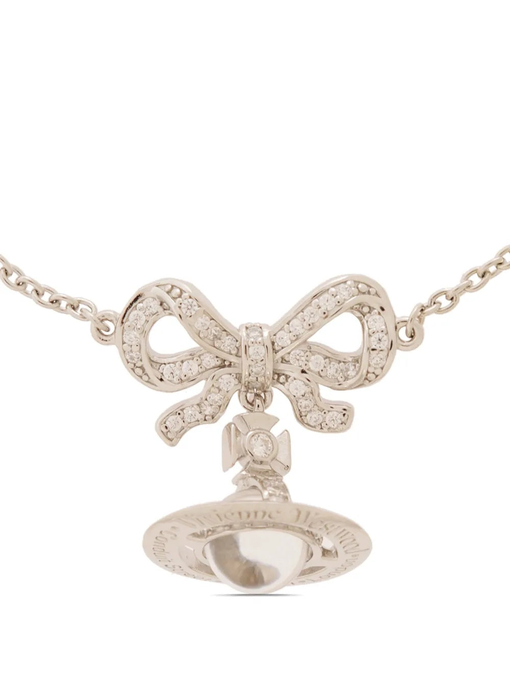 Close-up of the silver bracelet with bow and classic orb charm from Vivienne Westwood on a white background