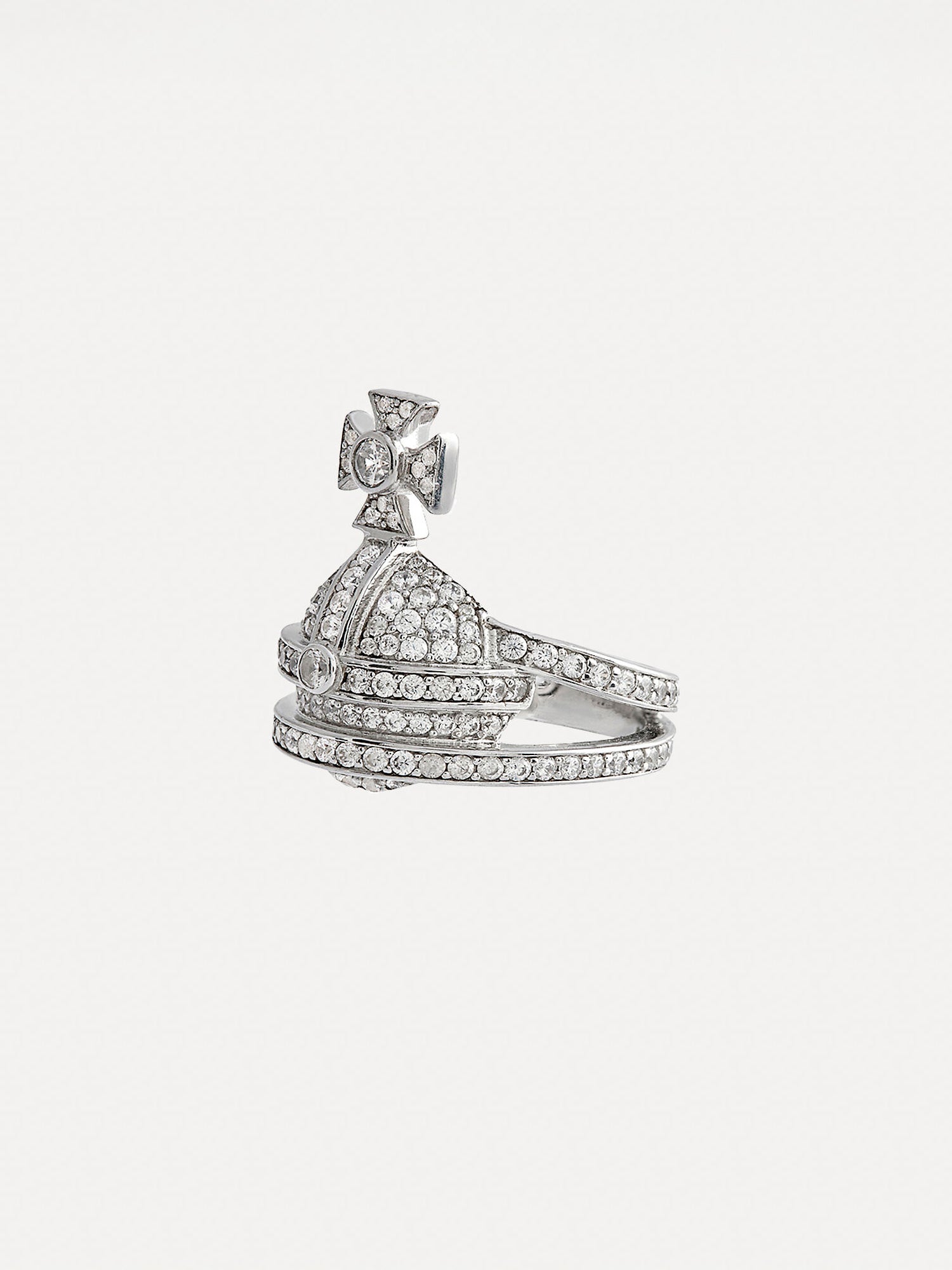 Angled view of Vivienne Westwood Orb Ring in platinum showing pavé crystal embellishment, sculptural band and orb-shaped face