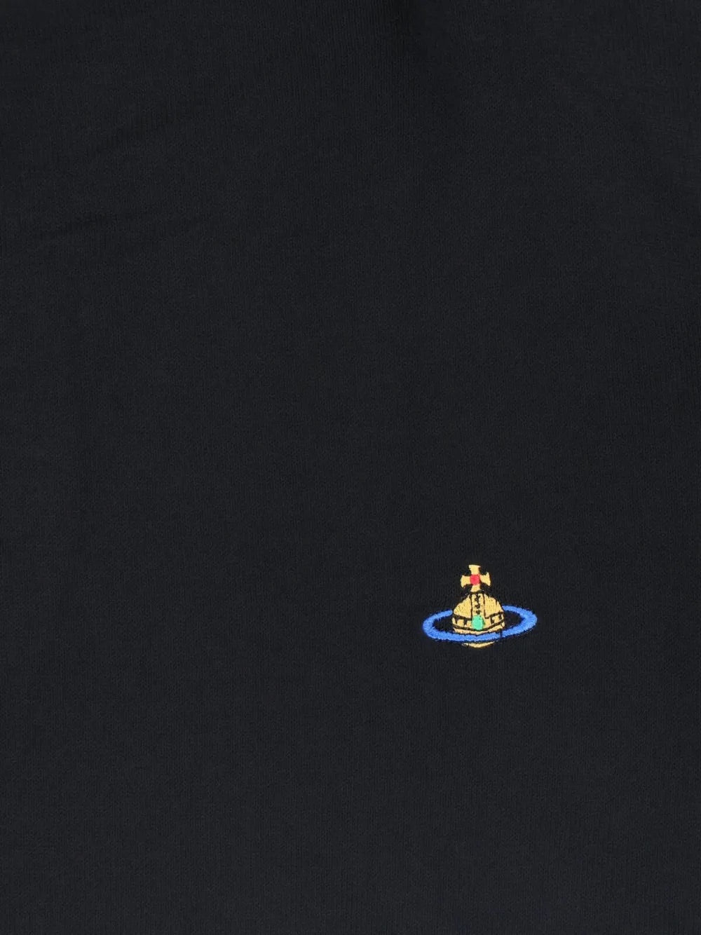 Pamela Jumper in Black by Vivienne Westwood, closeup of signature multicolour Orb logo embroidery on black cotton knit, Spring/Summer 2026