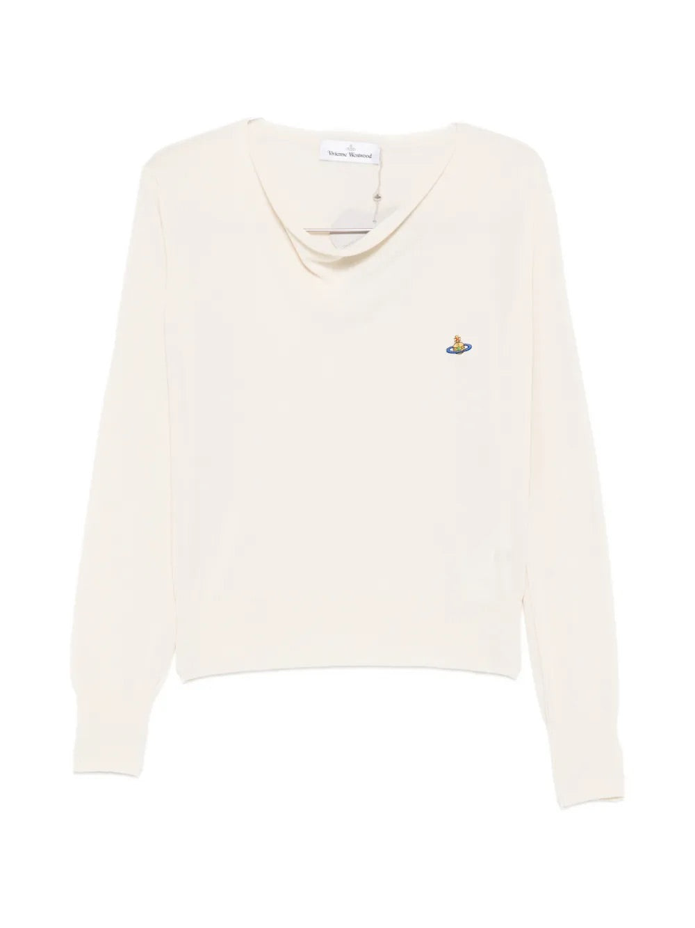Pamela Jumper in Cream by Vivienne Westwood, front view of relaxed-fit cream cotton jumper with softly draped cowl neckline, long sleeves, ribbed cuffs and hem, and multicolour Orb logo embroidery at chest, Spring/Summer 2026