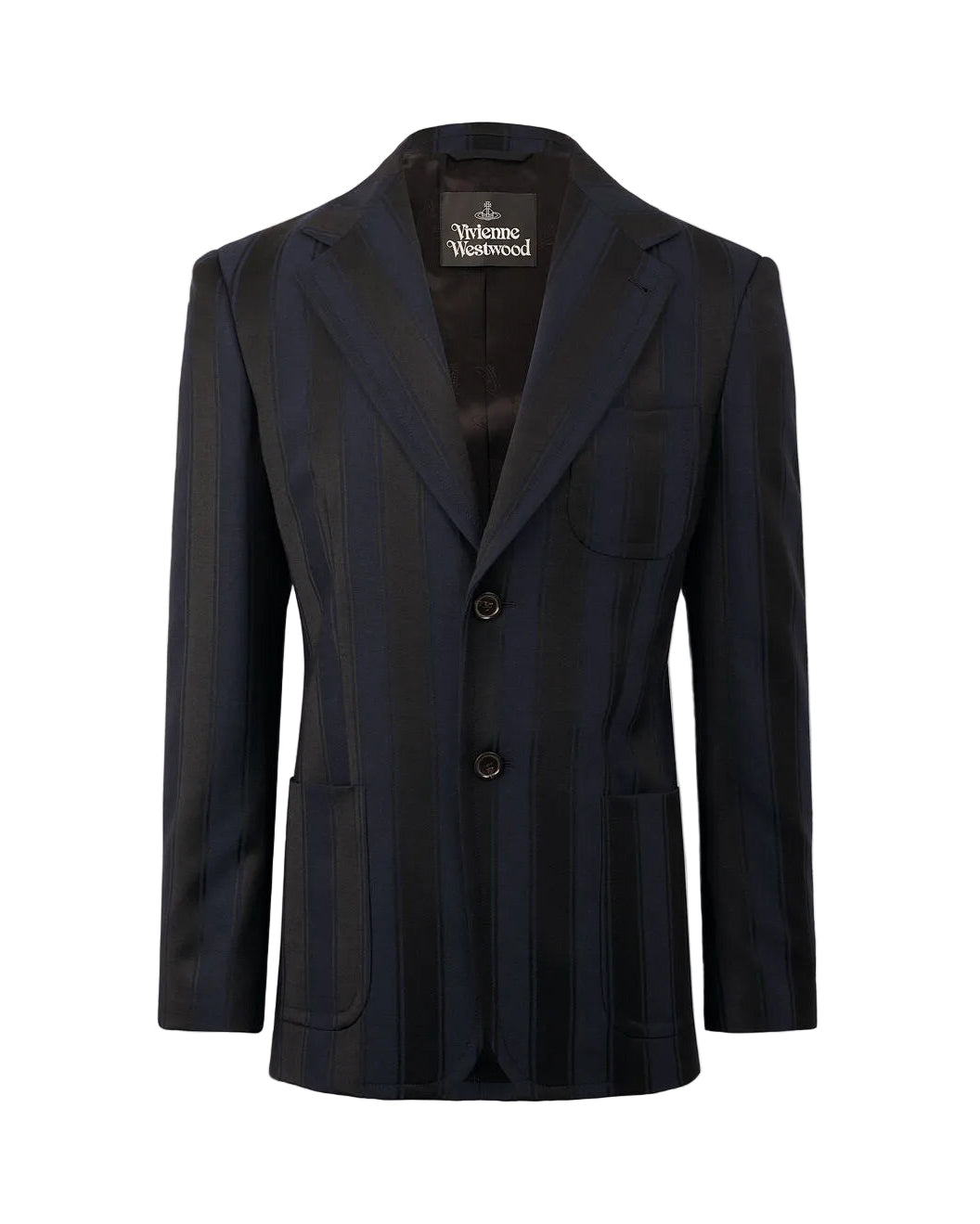 Vivienne Westwood Patch Pocket 2 Button Jacket in Midnight Blue/Black, front view with striped pattern, notch lapels, two-button closure and patch pockets.