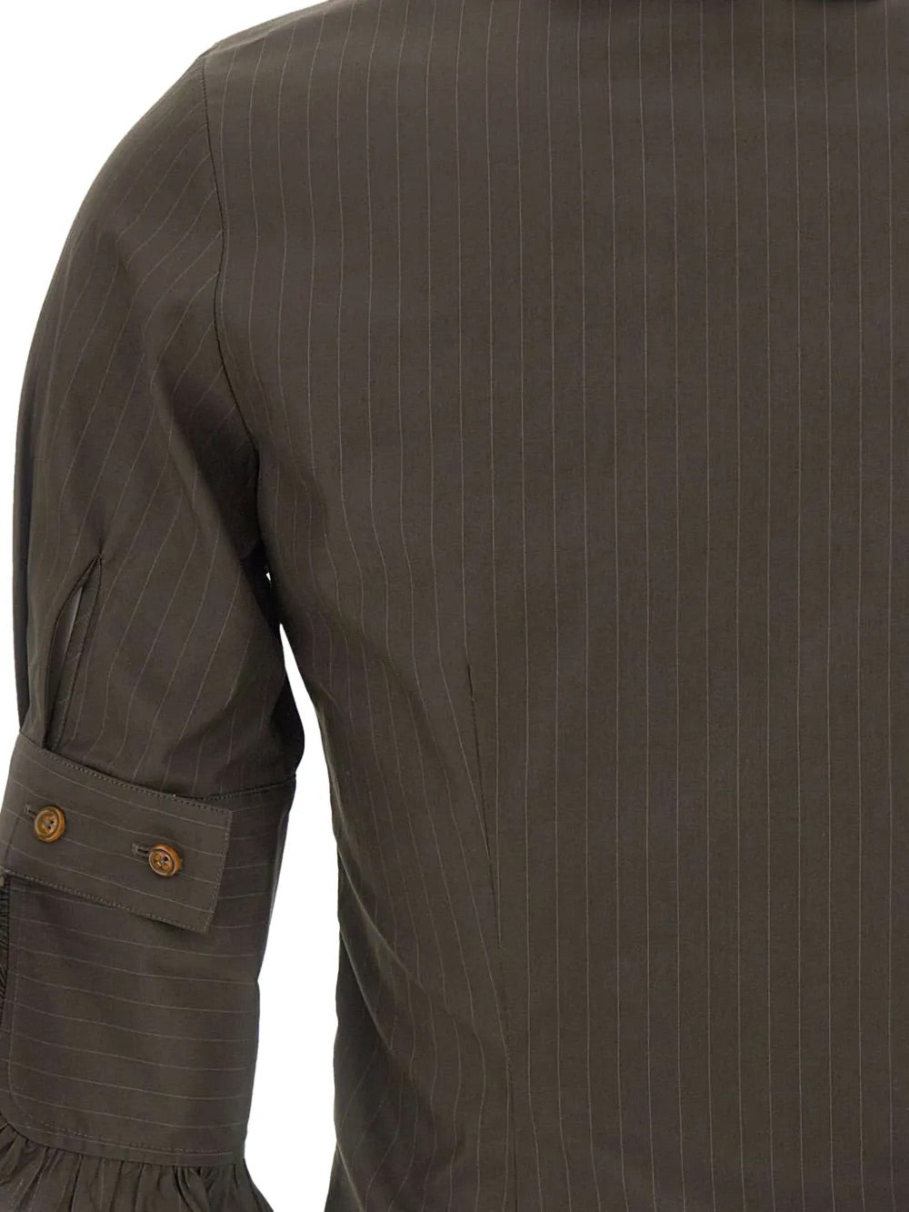 SS Toulouse Frill Shirt in Dark Khaki by Vivienne Westwood, closeup of three-quarter sleeve and frill cuff detail on dark khaki pinstripe cotton, button fastening, Spring/Summer 2026